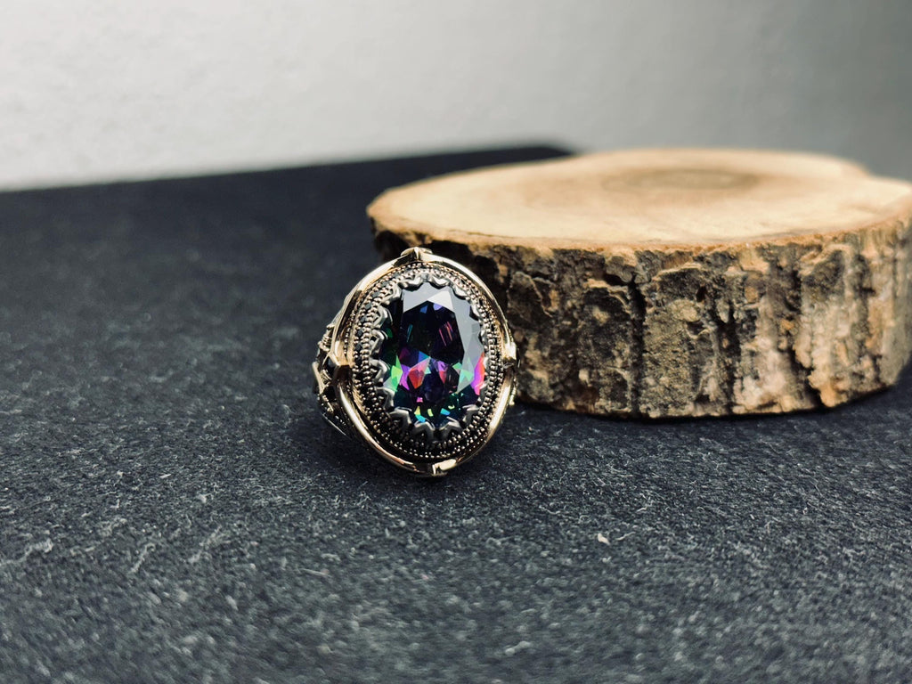 Mistik Topaz Yüzük: Oval Gümüş, Boho Erkek Takı