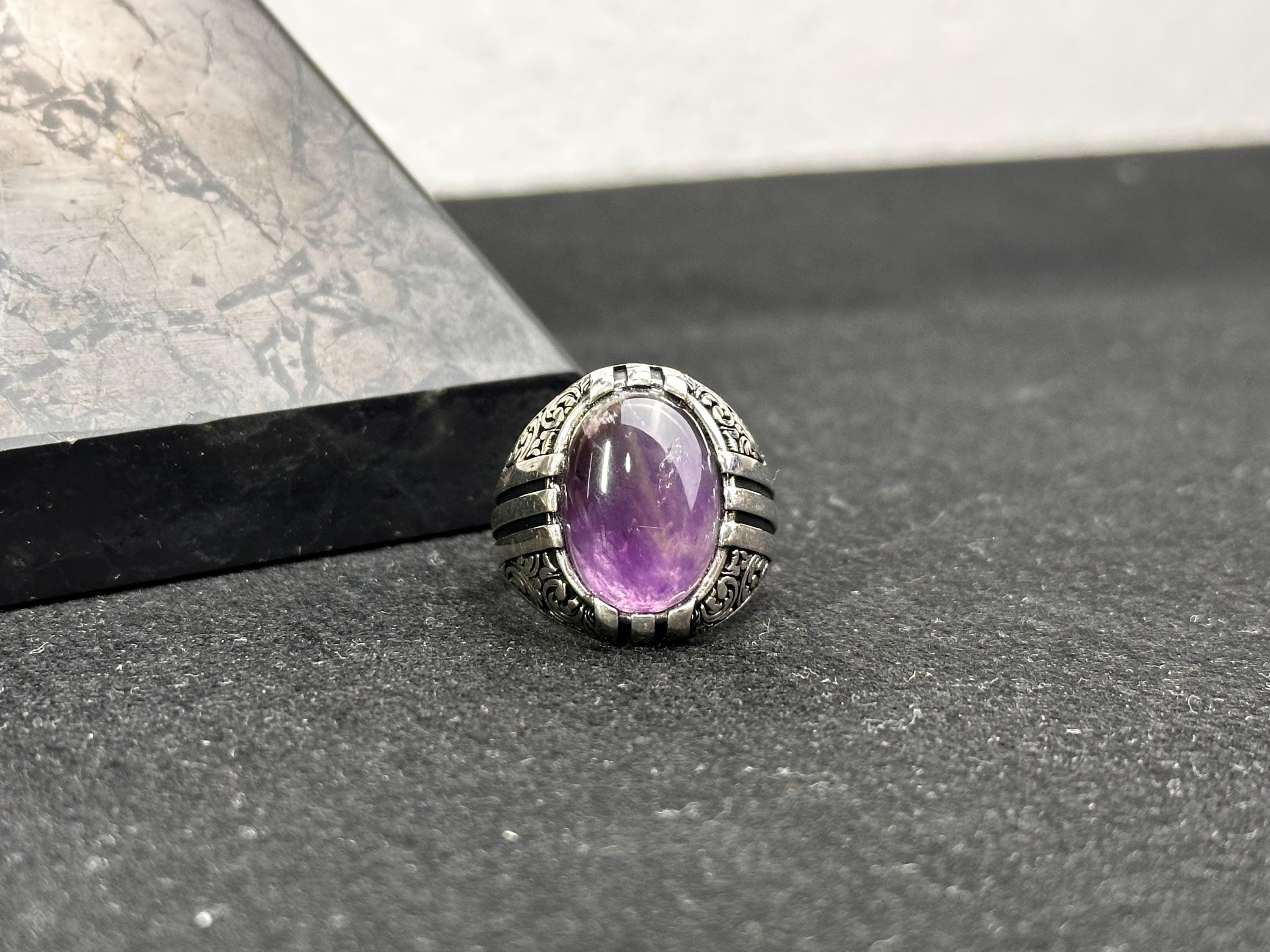 Ametist Değerli Taş Yüzük: El Yapımı Gümüş (Erkek Bedeni)