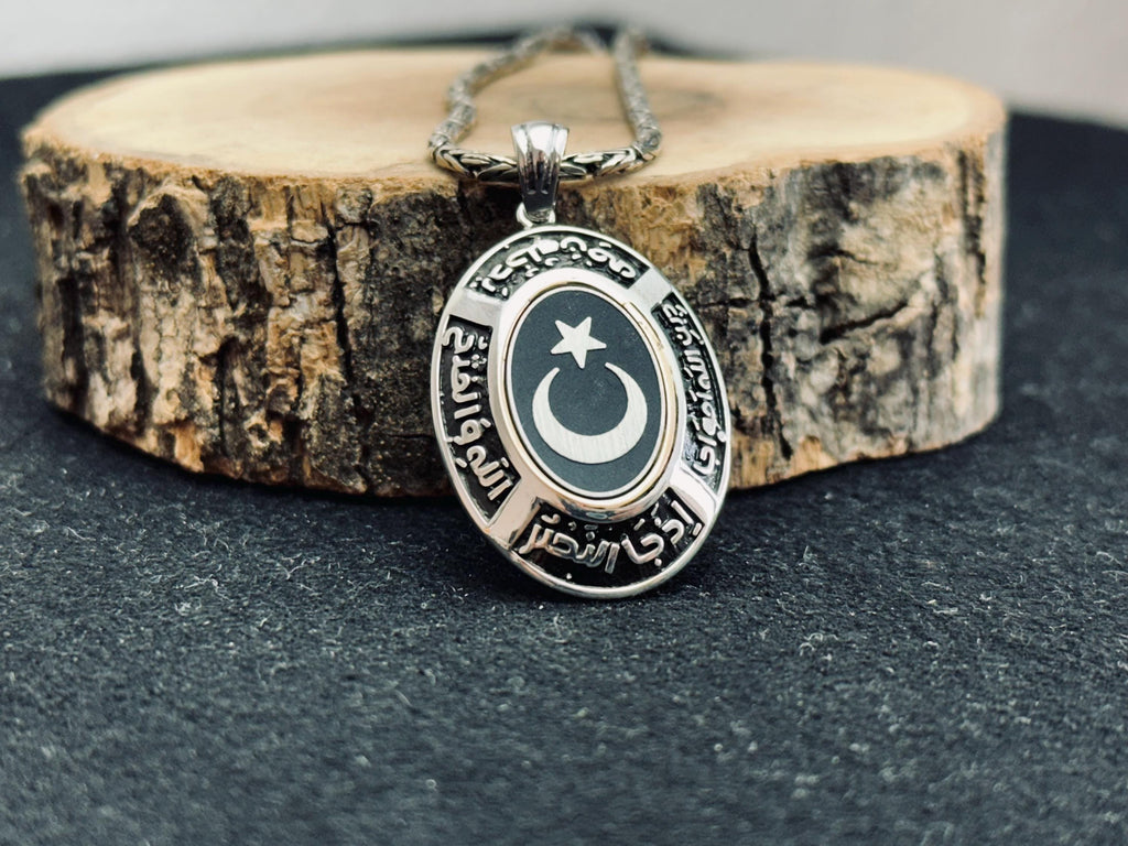 Hilal ve Yıldız Kolye, Sterlin Gümüş Oval Kolye Ucu (El Yapımı)