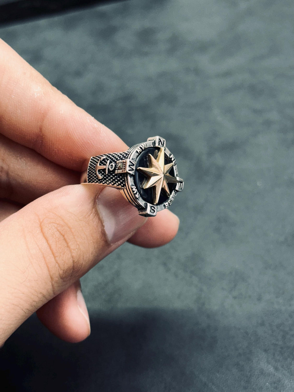 Unisex Sterlin Gümüş Pusula Yüzük, Kutup Yıldızı (El Yapımı)