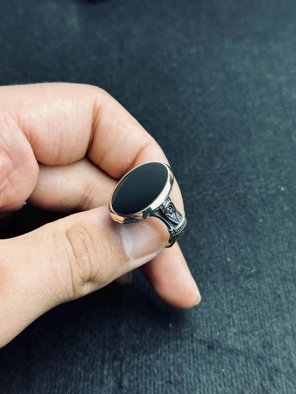 Oval Siyah Oniks Yüzük - El Yapımı Gümüş, Unisex Tarz