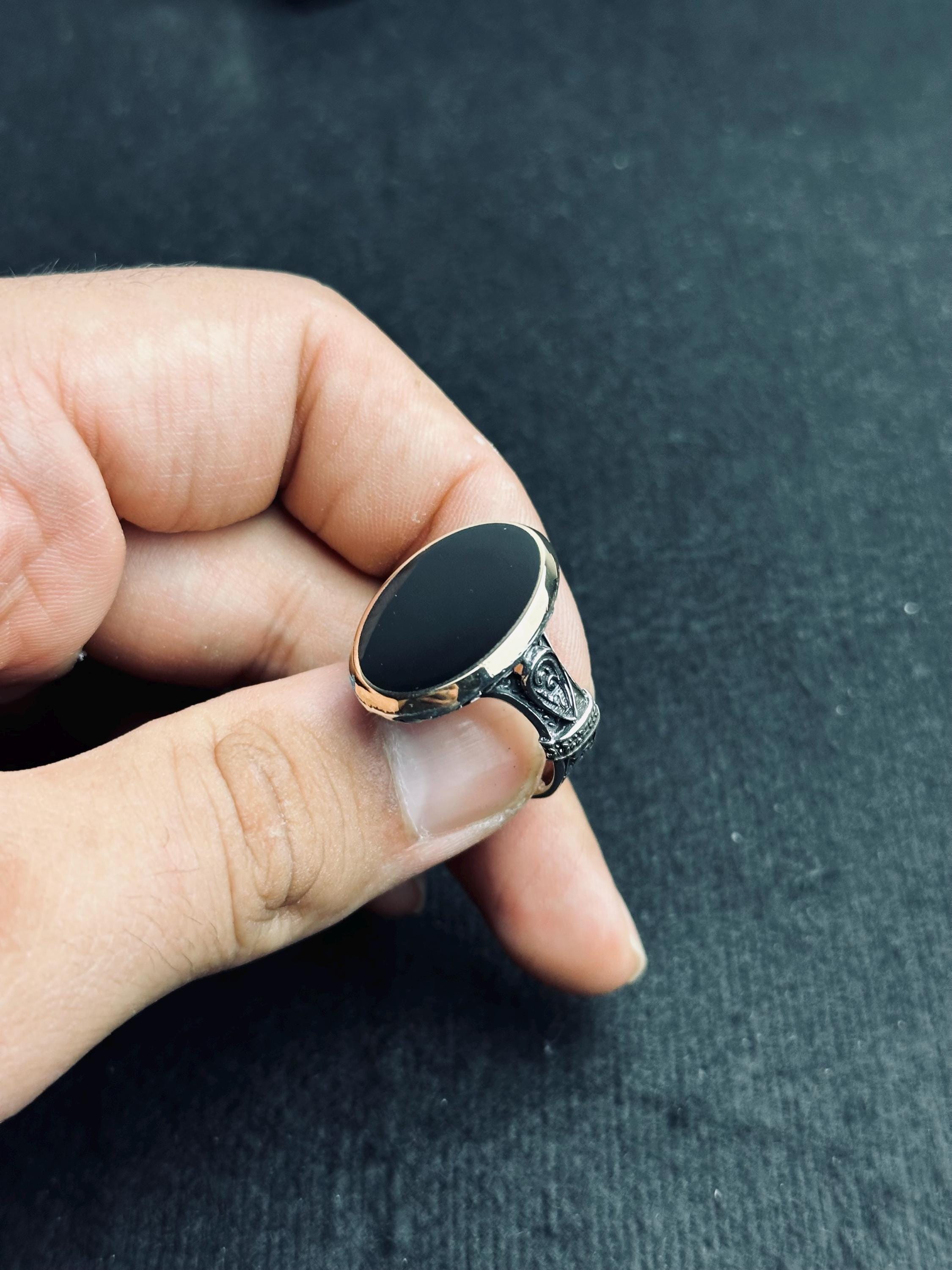 Oval Siyah Oniks Yüzük - El Yapımı Gümüş, Unisex Tarz