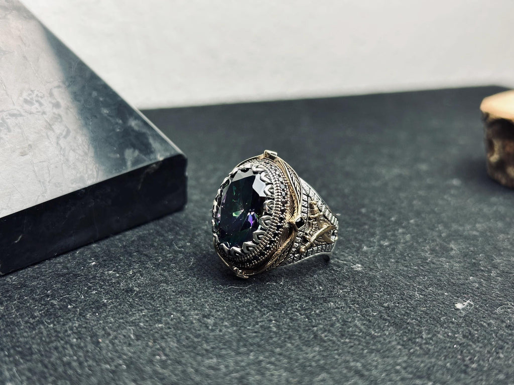 Mistik Topaz Yüzük: Oval Gümüş, Boho Erkek Takı