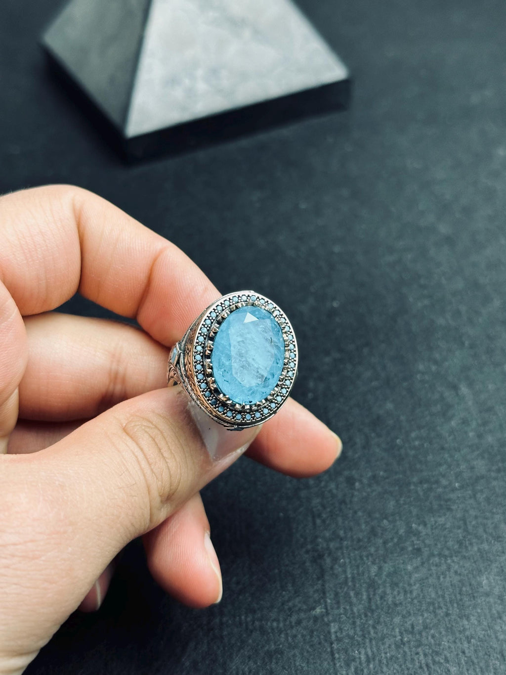 Erkekler için Som Gümüş Mühür Yüzüğü, Oval Akuamarin ve Mavi Paraiba (El Yapımı)