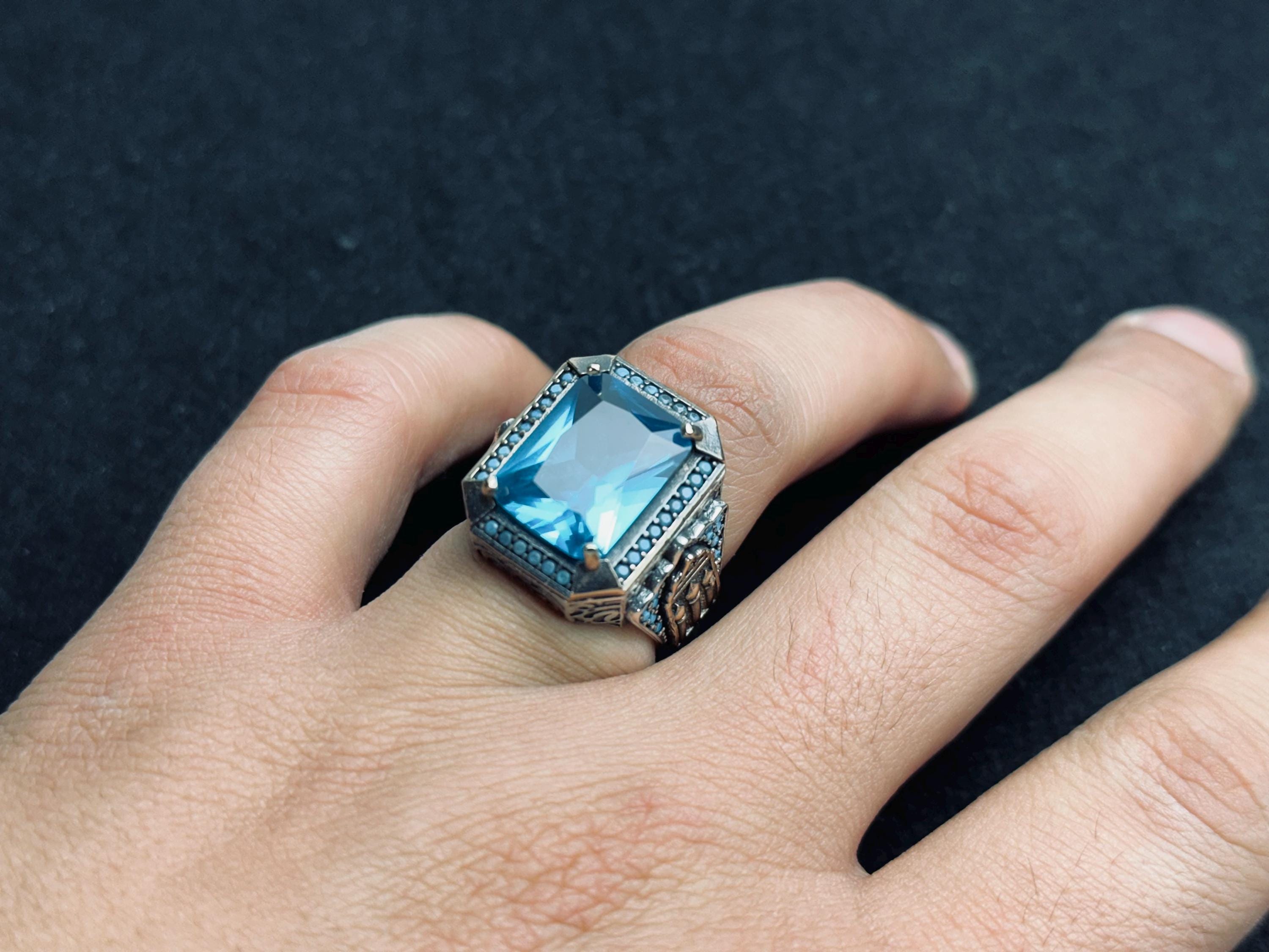 Akuamarin Yüzük: Erkekler İçin Kare Kesim Gümüş (El Yapımı Türk)