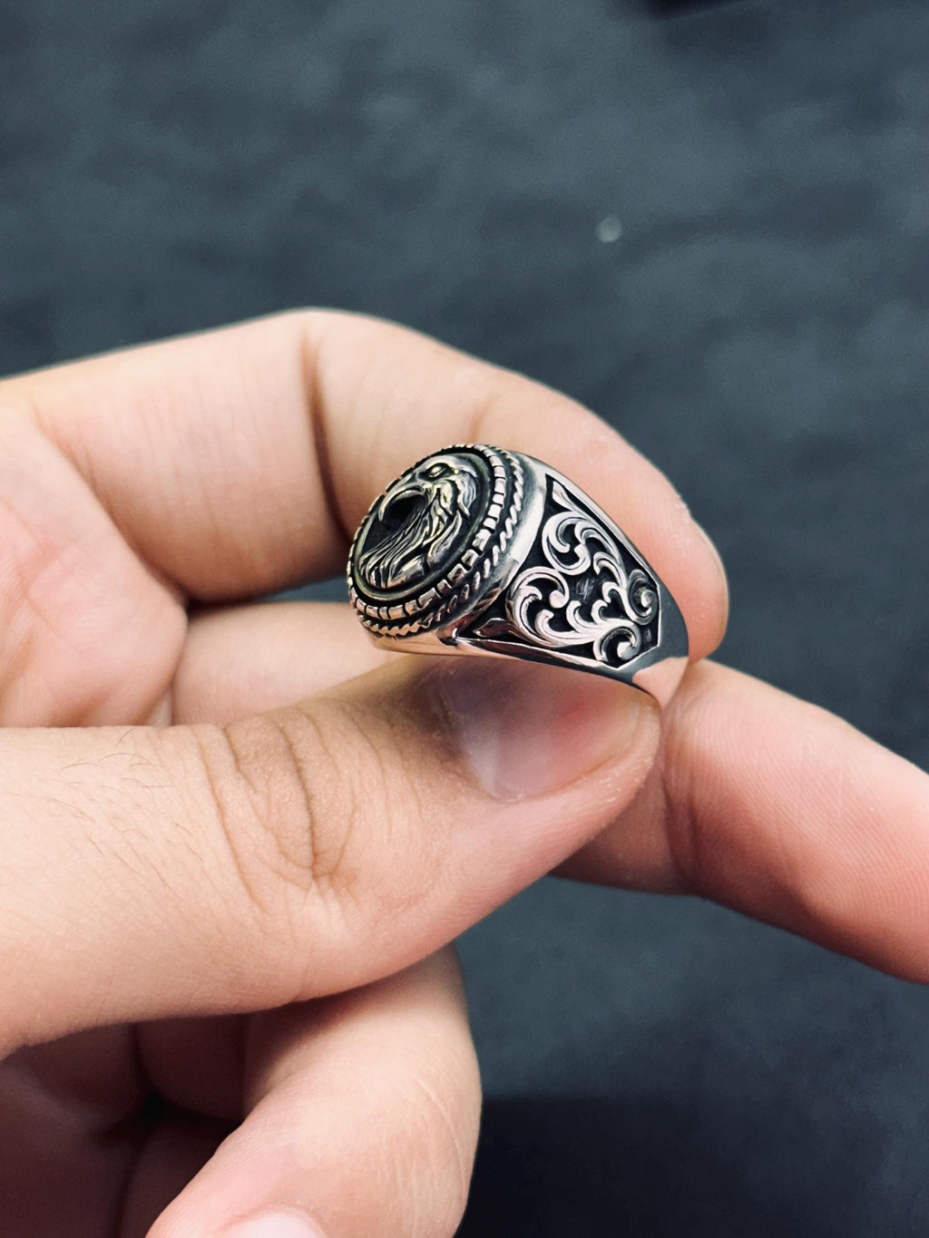 El Yapımı Som Gümüş Kartal Yüzük, Yuvarlak Bant (Erkek ve Kadın)
