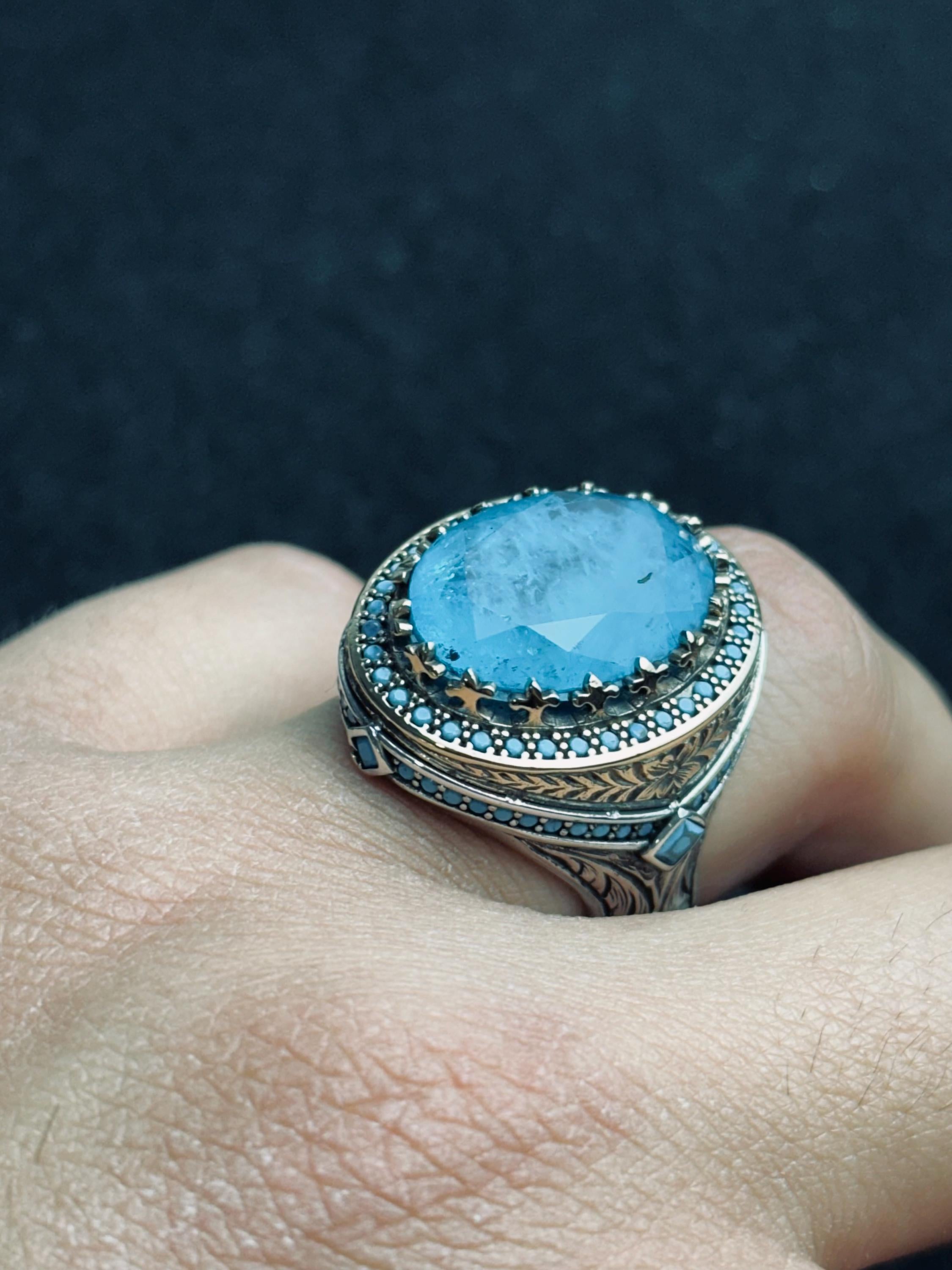 Erkekler için Som Gümüş Mühür Yüzüğü, Oval Akuamarin ve Mavi Paraiba (El Yapımı)