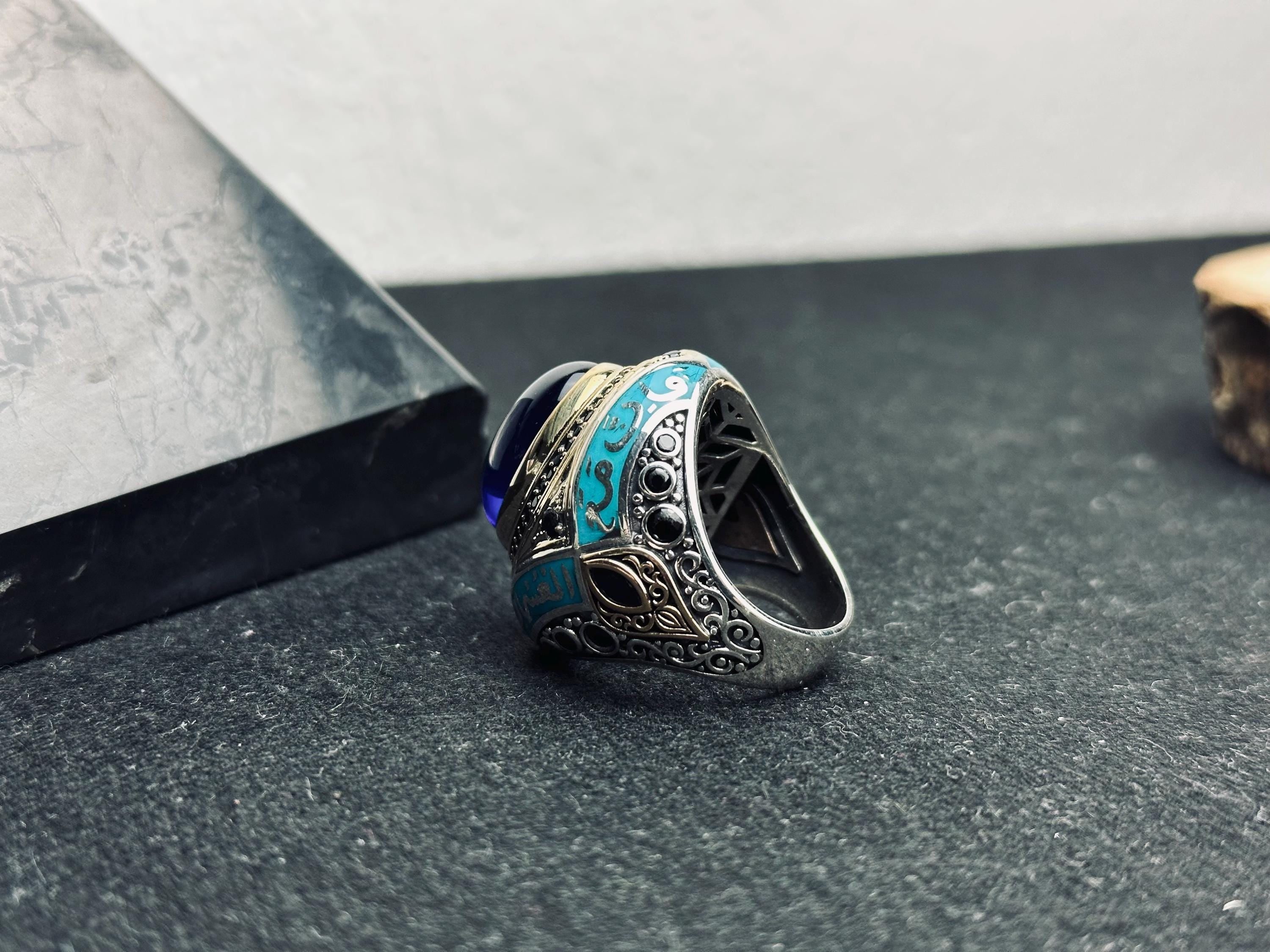 İslami Gümüş Yüzük: Mavi Zirkon Oval Taş (El Yapımı Türk Takı)