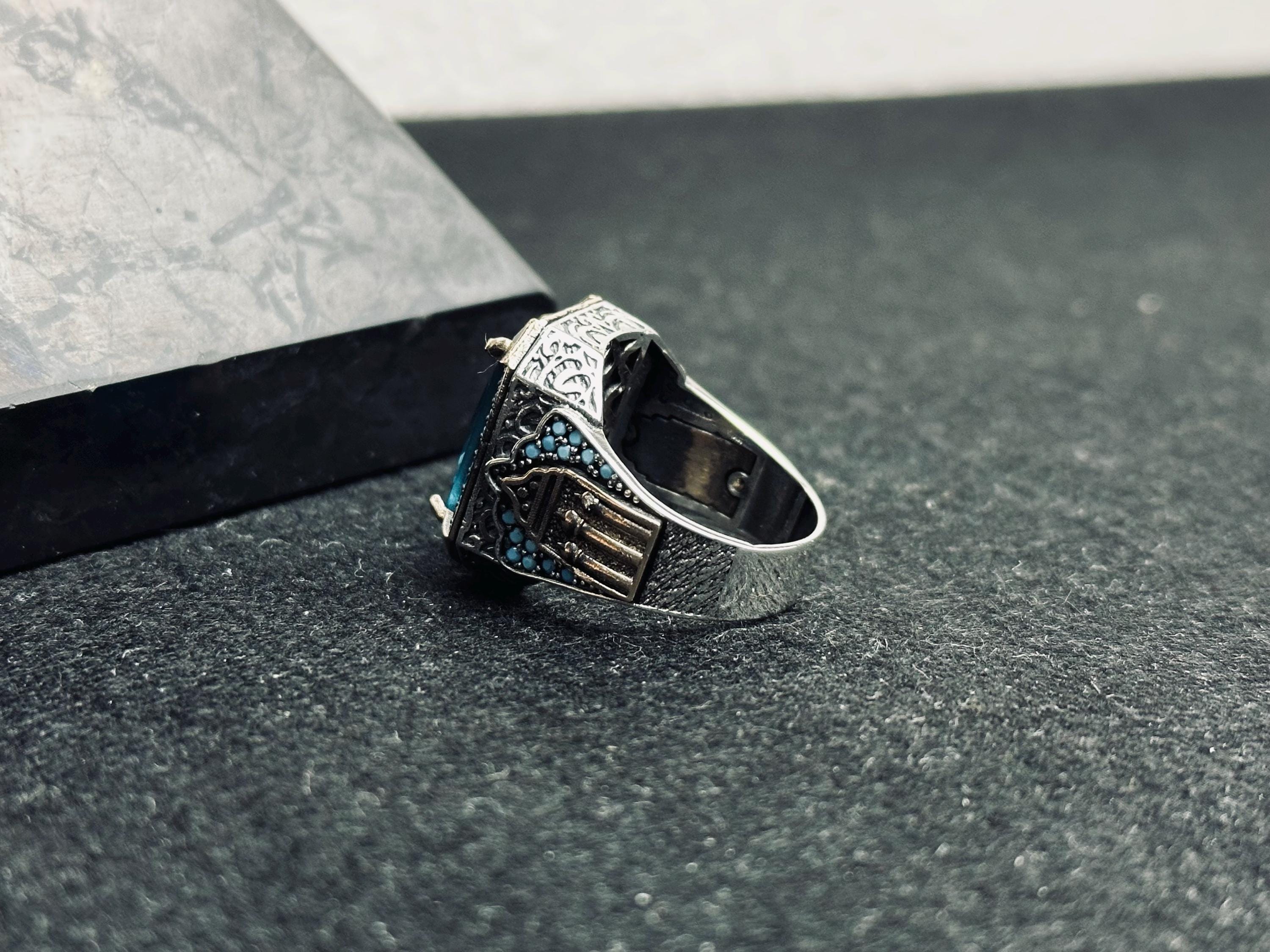 Akuamarin Yüzük: Erkekler İçin Kare Kesim Gümüş (El Yapımı Türk)