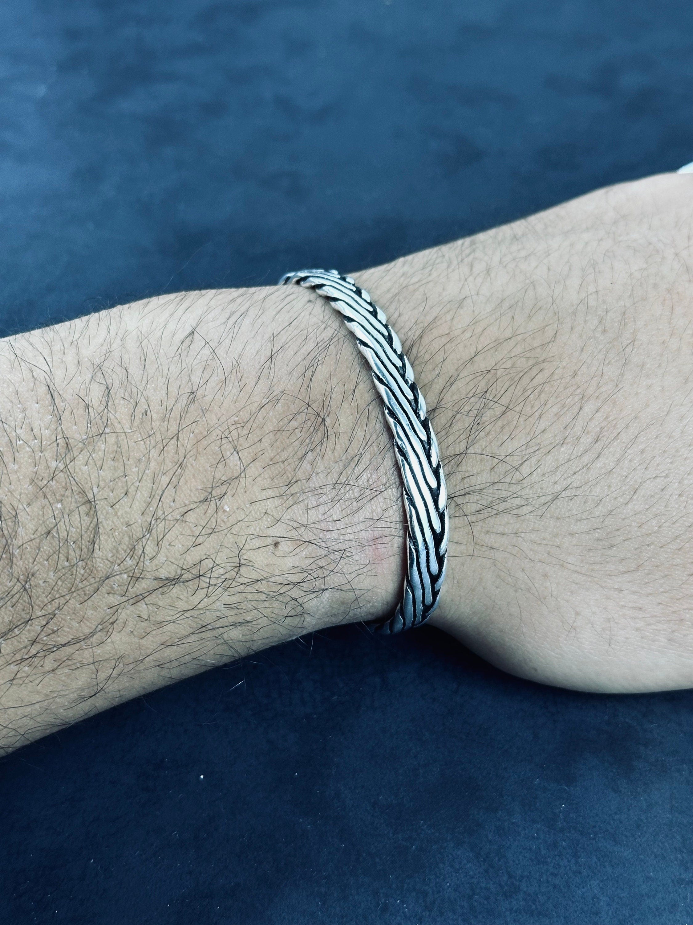 Erkekler İçin Oksitlenmiş Gümüş Bileklik, El Yapımı İşlemeli