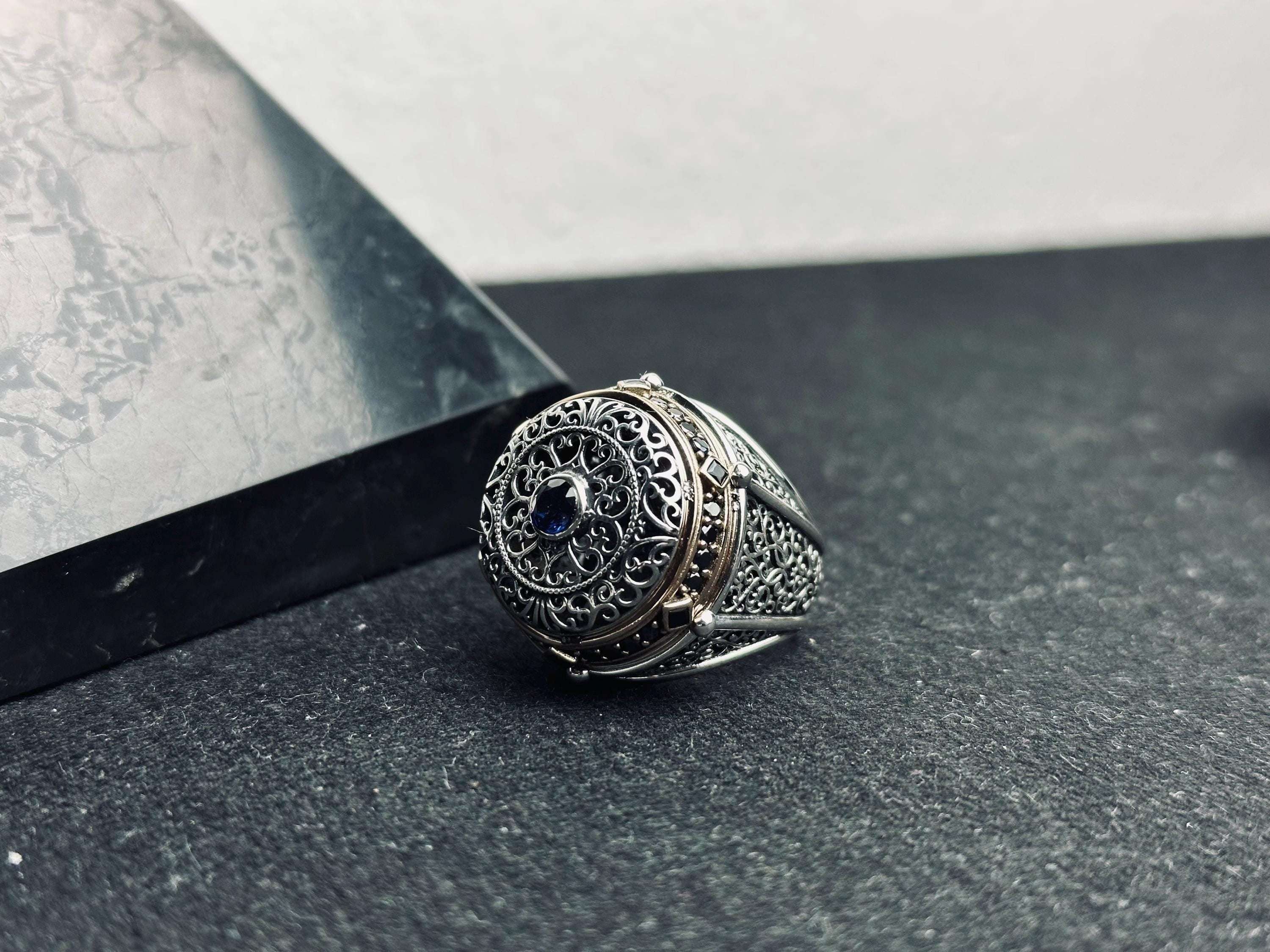 Oval Mavi Zirkon Yüzük: El Yapımı Gümüş, Türk Vintage Tarzı
