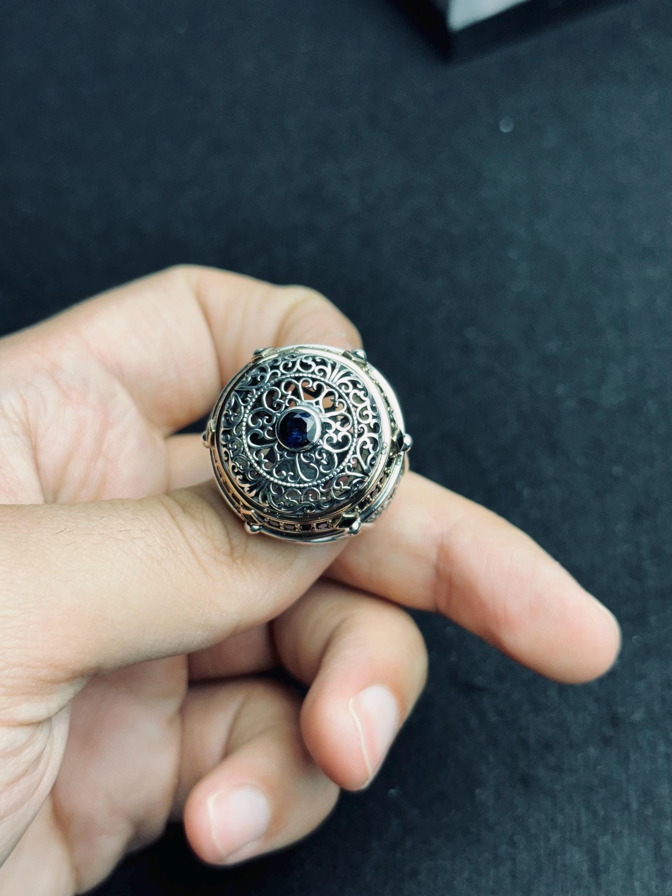 Oval Mavi Zirkon Yüzük: El Yapımı Gümüş, Türk Vintage Tarzı