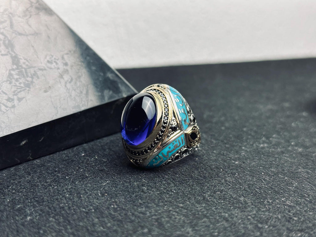 İslami Gümüş Yüzük: Mavi Zirkon Oval Taş (El Yapımı Türk Takı)