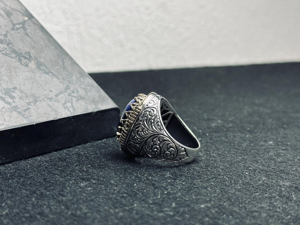 Viking Safir Yüzük, Ejderha Oymalı, Som Gümüş (Erkek Boyutunda)
