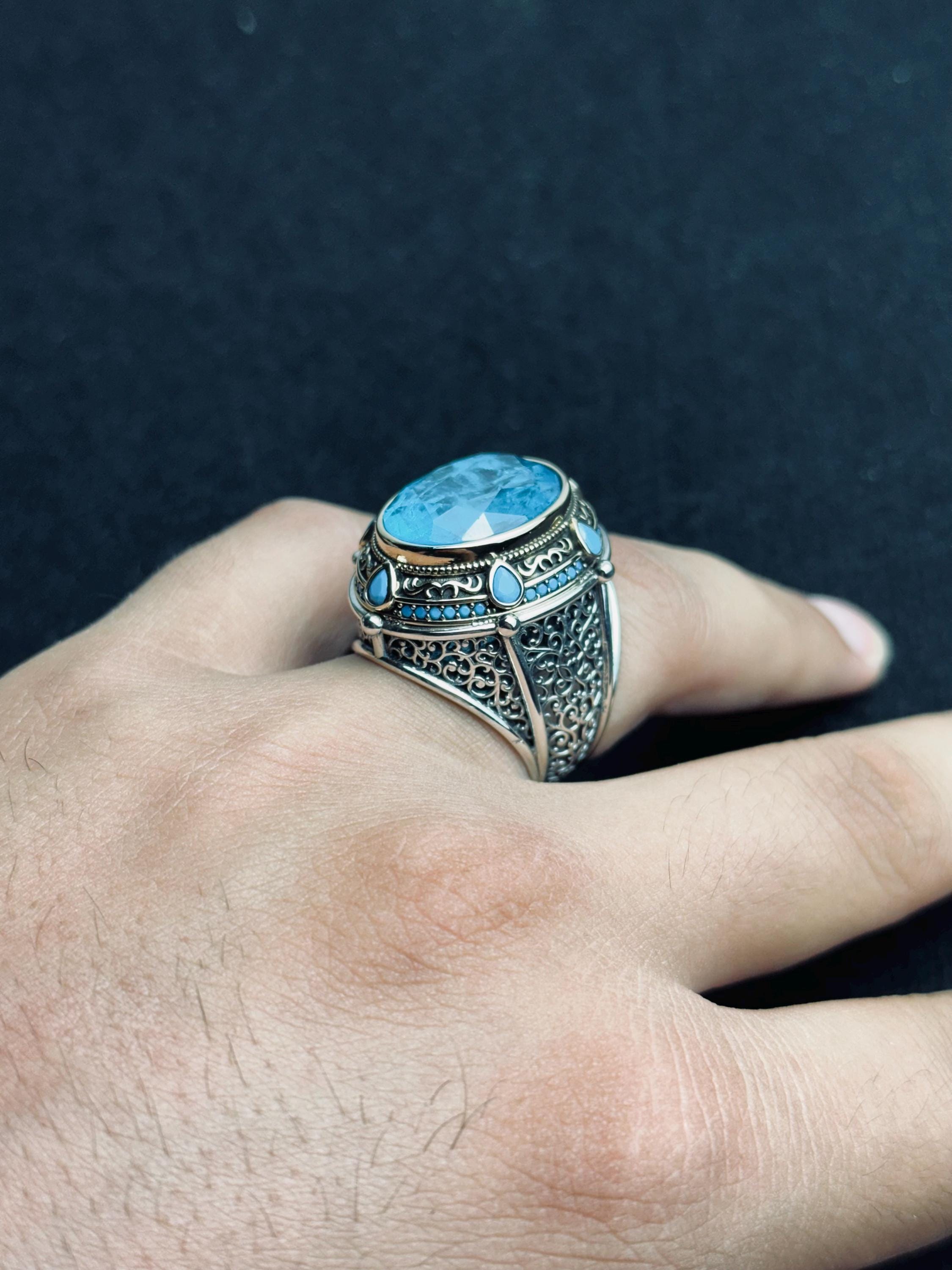 Akuamarin Taşlı Yüzük: El Yapımı Türk Gümüşü (Erkek Boyu)