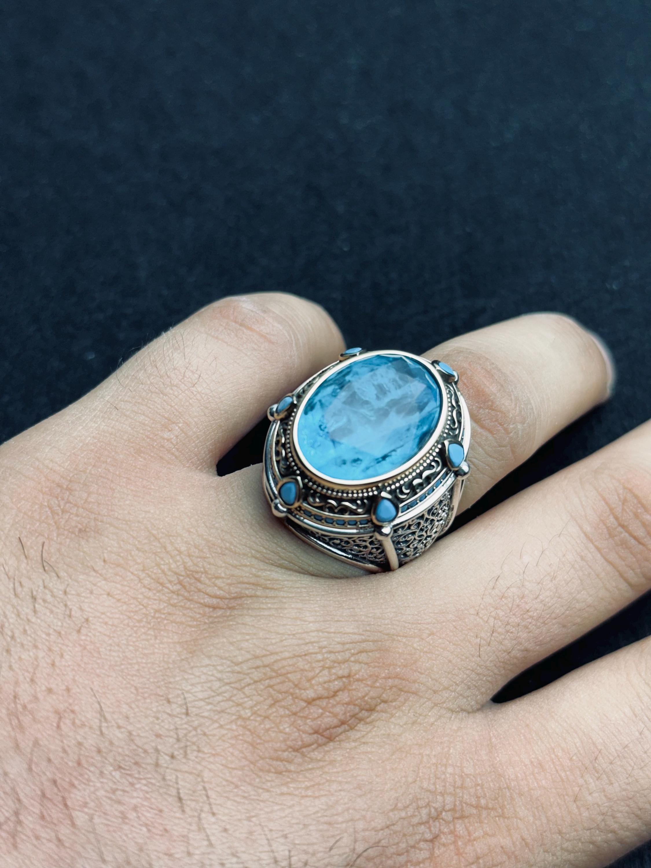 Akuamarin Taşlı Yüzük: El Yapımı Türk Gümüşü (Erkek Boyu)