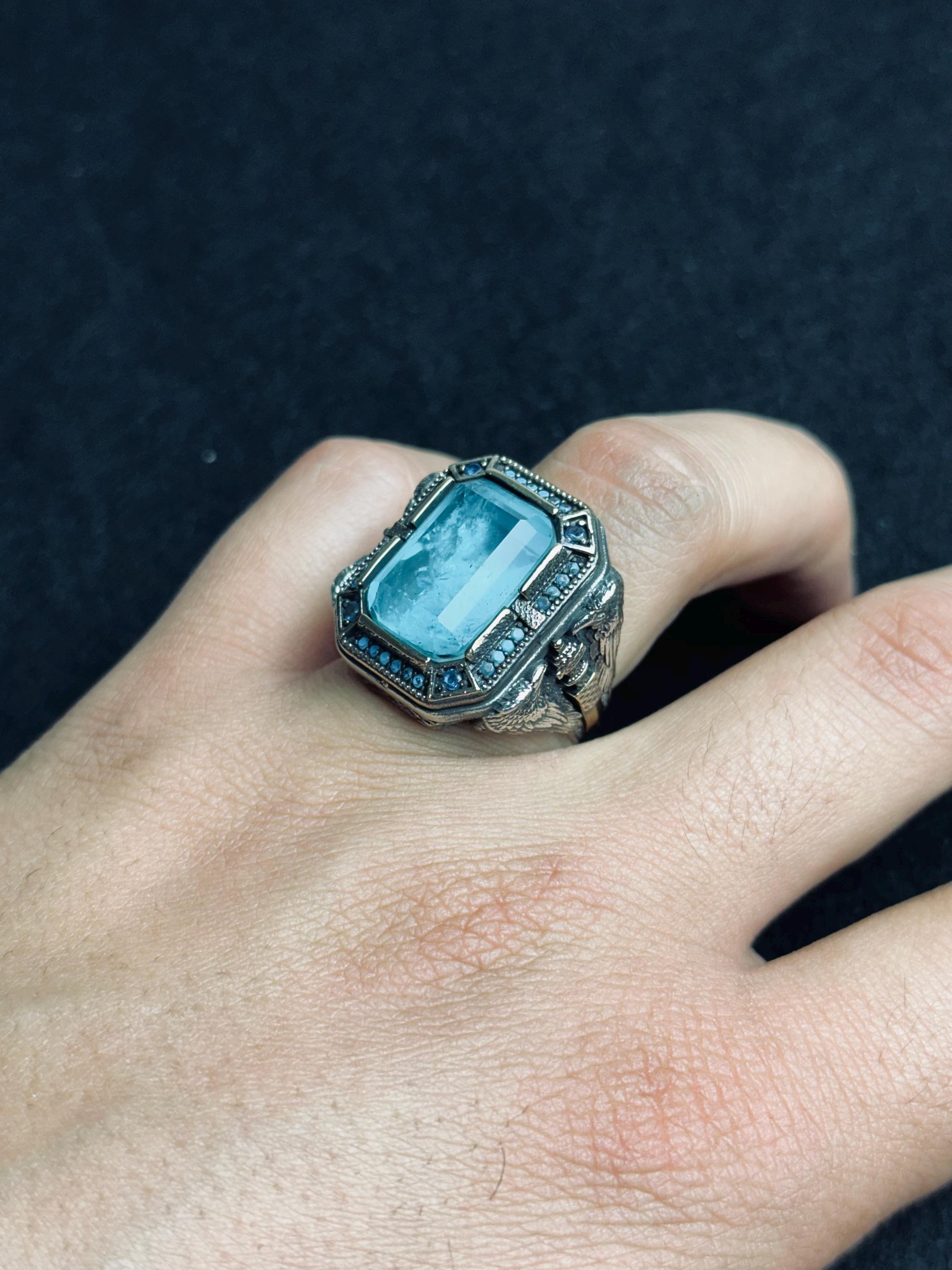 Akuamarin Erkek Yüzük: Çift Kartal Kafası, Gümüş