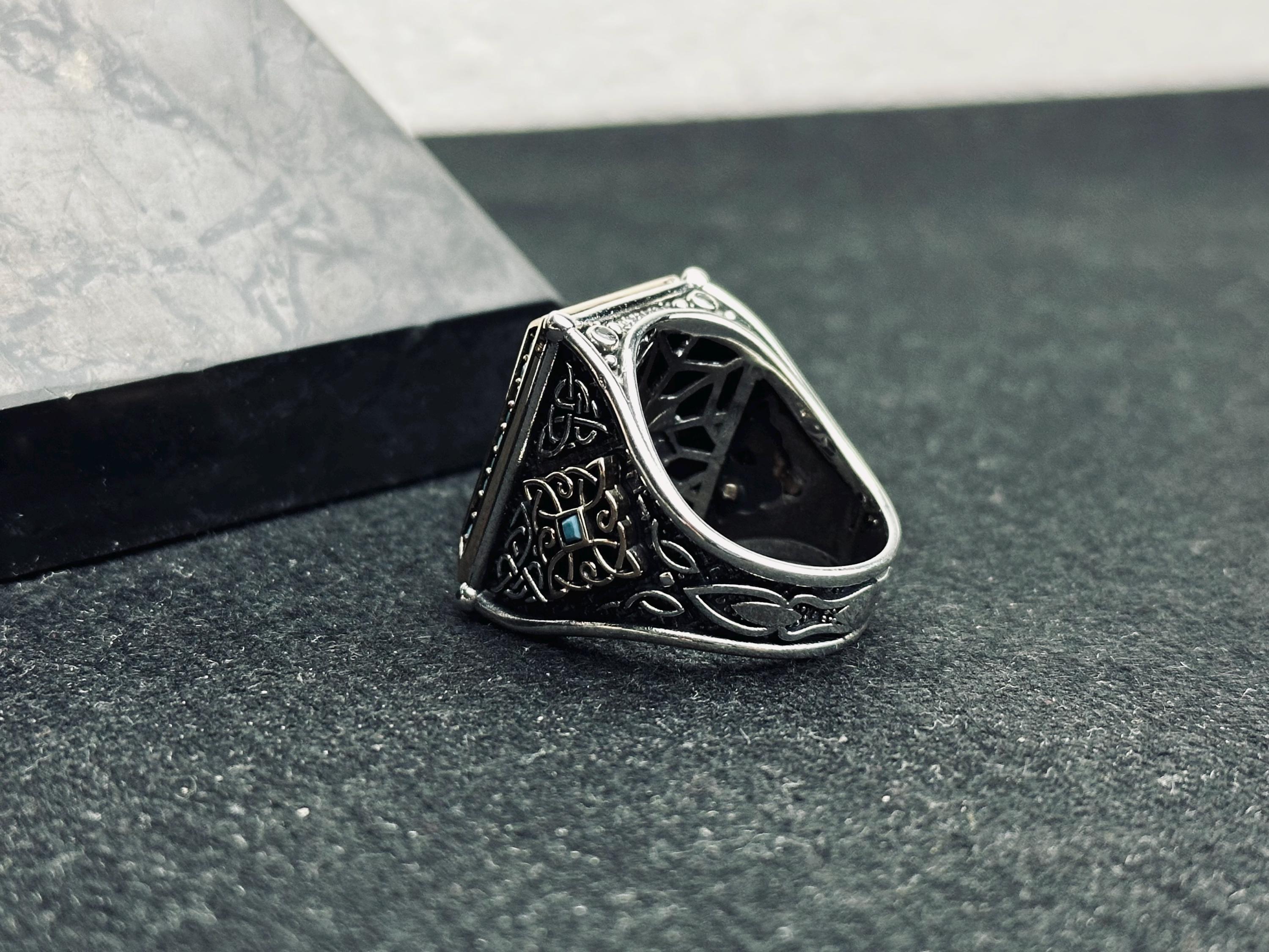 Arapça Kaligrafi Gümüş Yüzük - Turkuaz Detaylı Kare Şekil