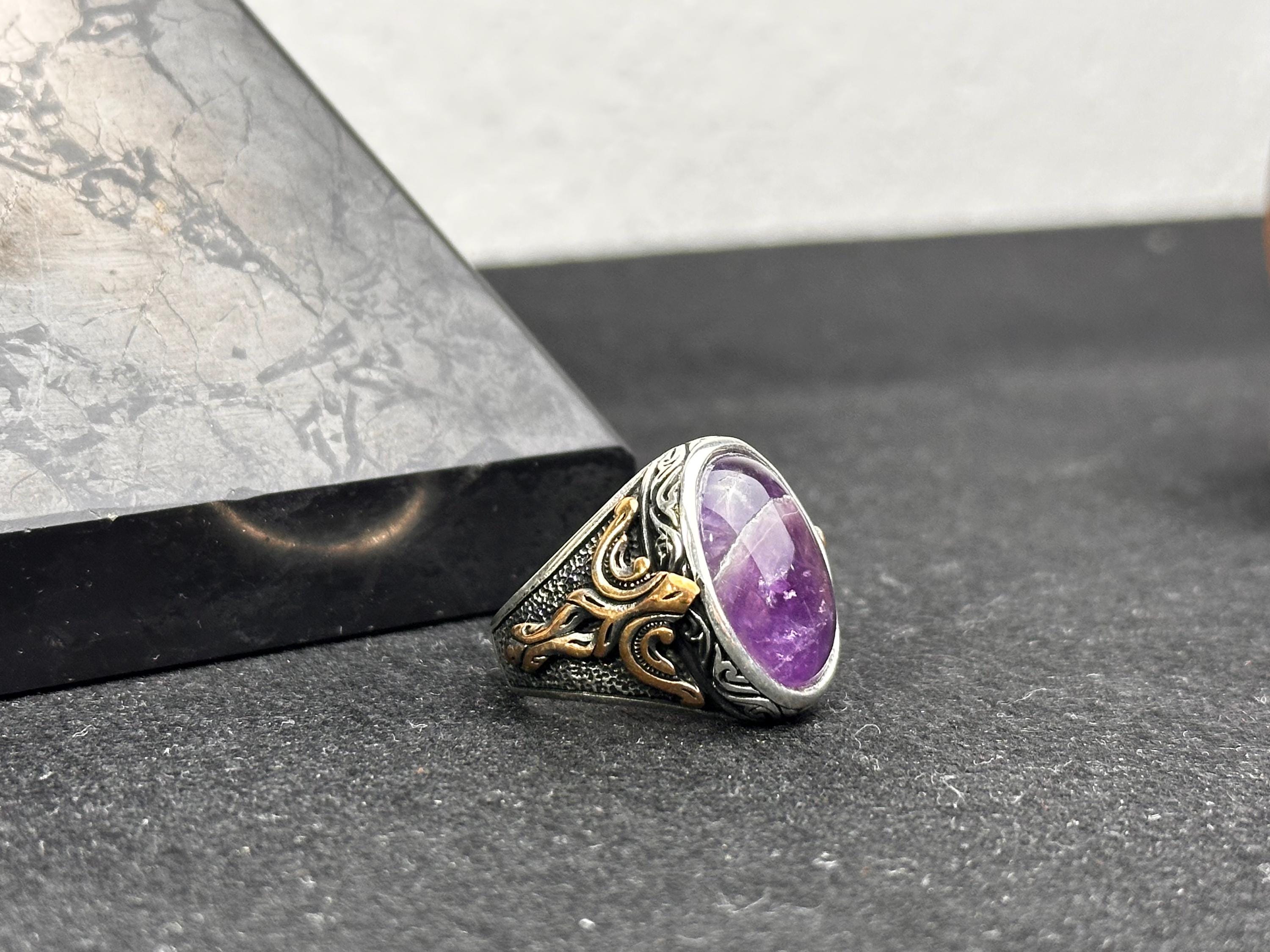 Ametist Gümüş Yüzük - El Yapımı Erkek Değerli Taş Takı