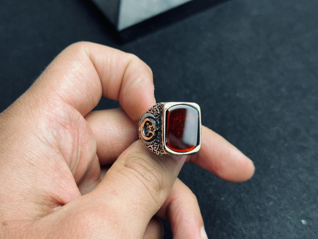 Kare Amber Erkek Yüzüğü - Sterlin Gümüş, Ay ve Yıldız Vurgulu