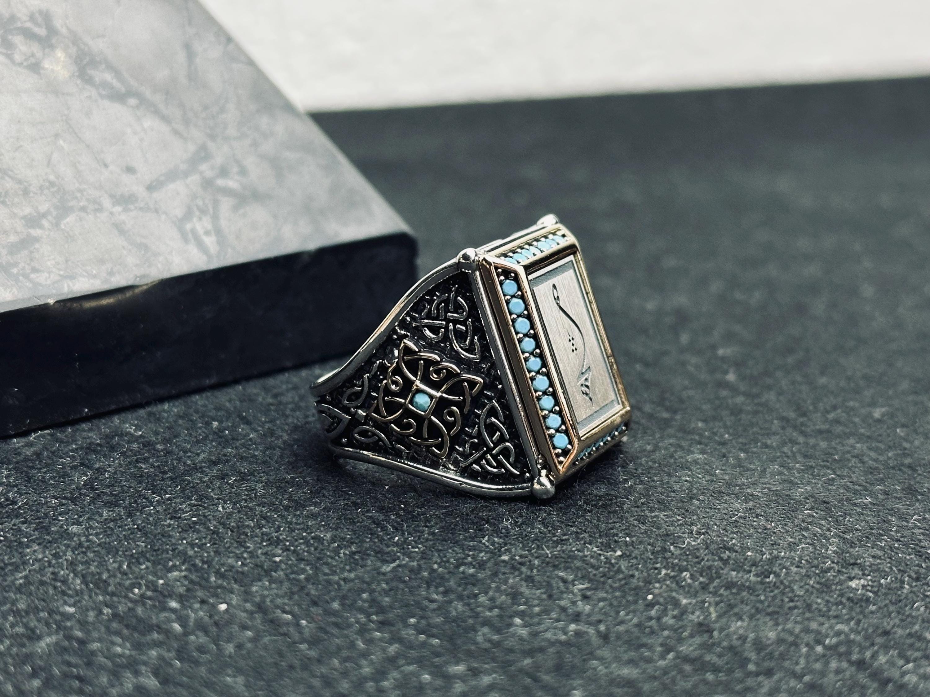 Arapça Kaligrafi Gümüş Yüzük - Turkuaz Detaylı Kare Şekil