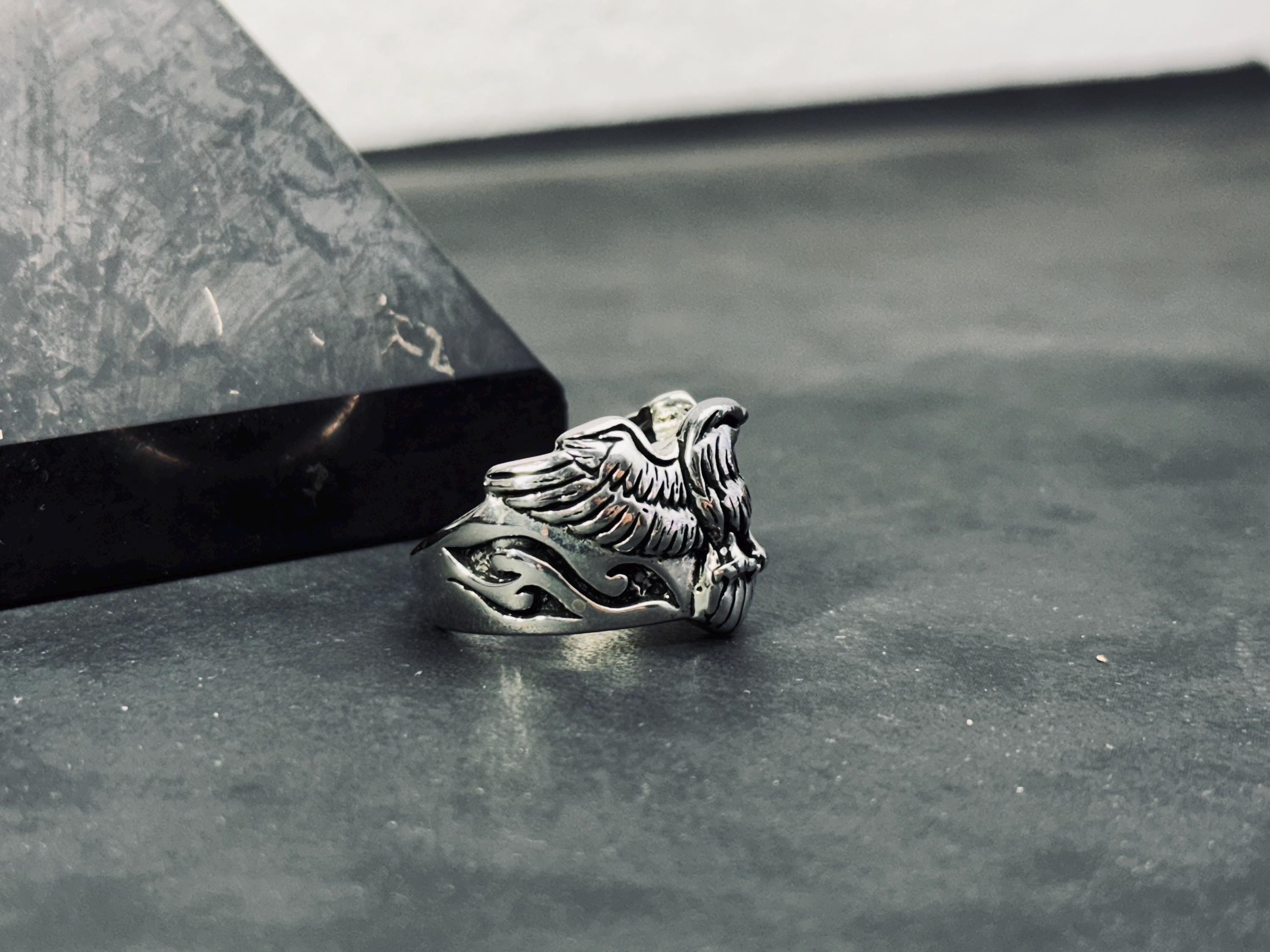 Gotik Som Gümüş Kuzgun Yüzük, Karga Tasarımı (Unisex)