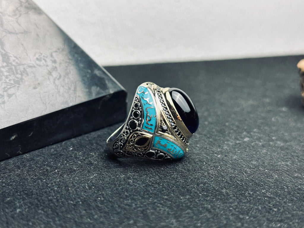 İslami Gümüş Yüzük: Mavi Zirkon Oval Taş (El Yapımı Türk Takı)