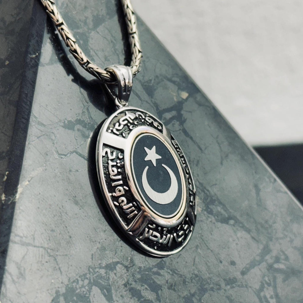 Hilal ve Yıldız Kolye, Sterlin Gümüş Oval Kolye Ucu (El Yapımı)