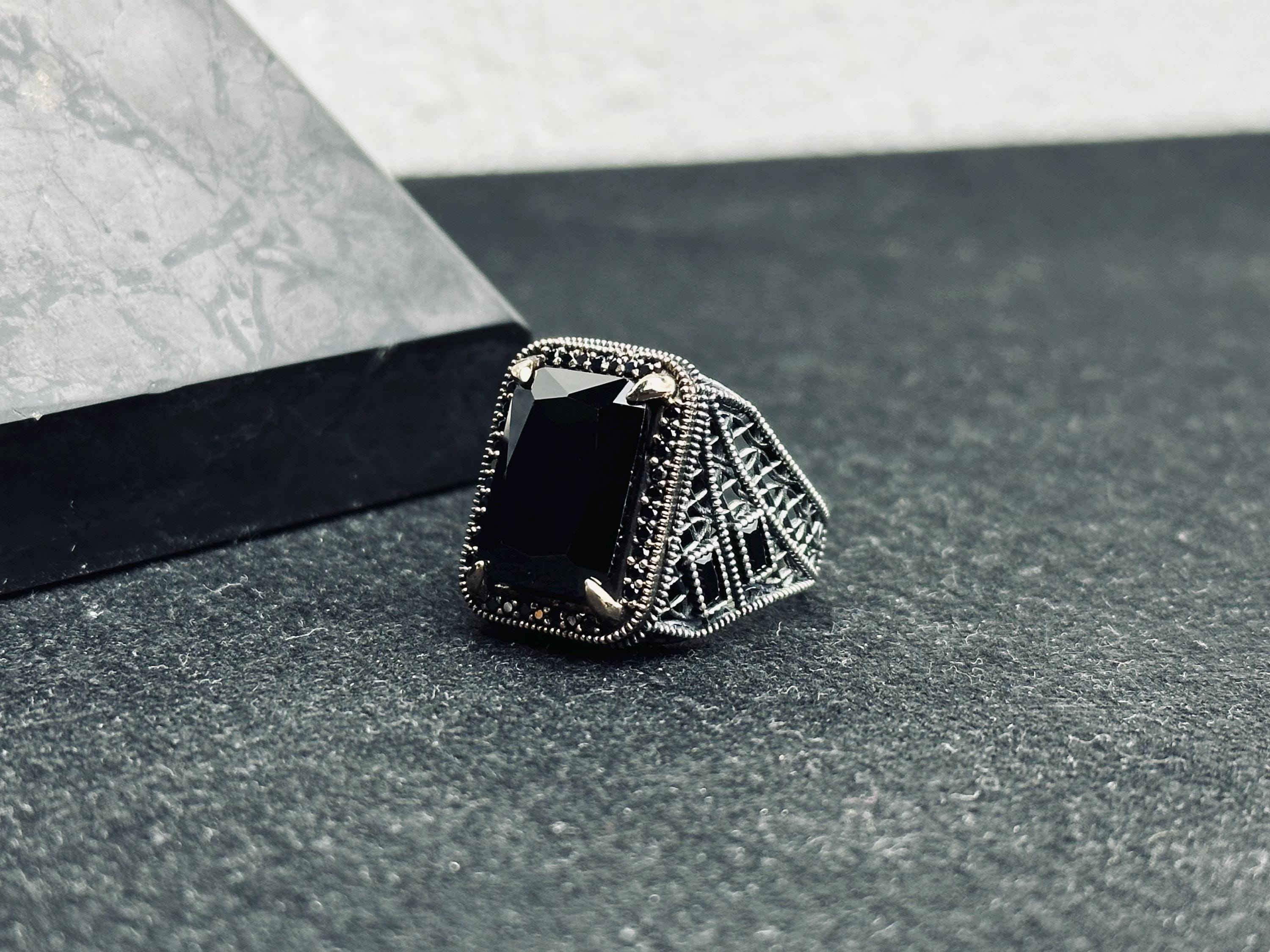 Siyah Zirkon Erkek Yüzük - Gümüş Osmanlı Tarzı