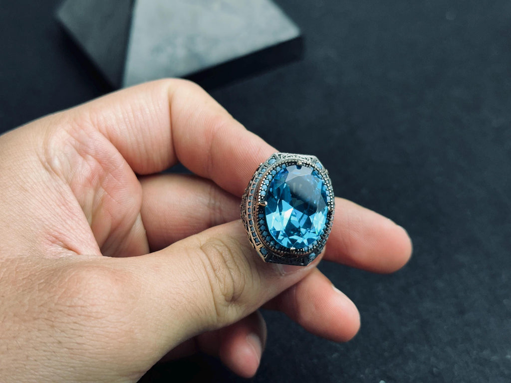 Erkekler için Oval Akuamarin Yüzük - Cesur Vintage Gümüş