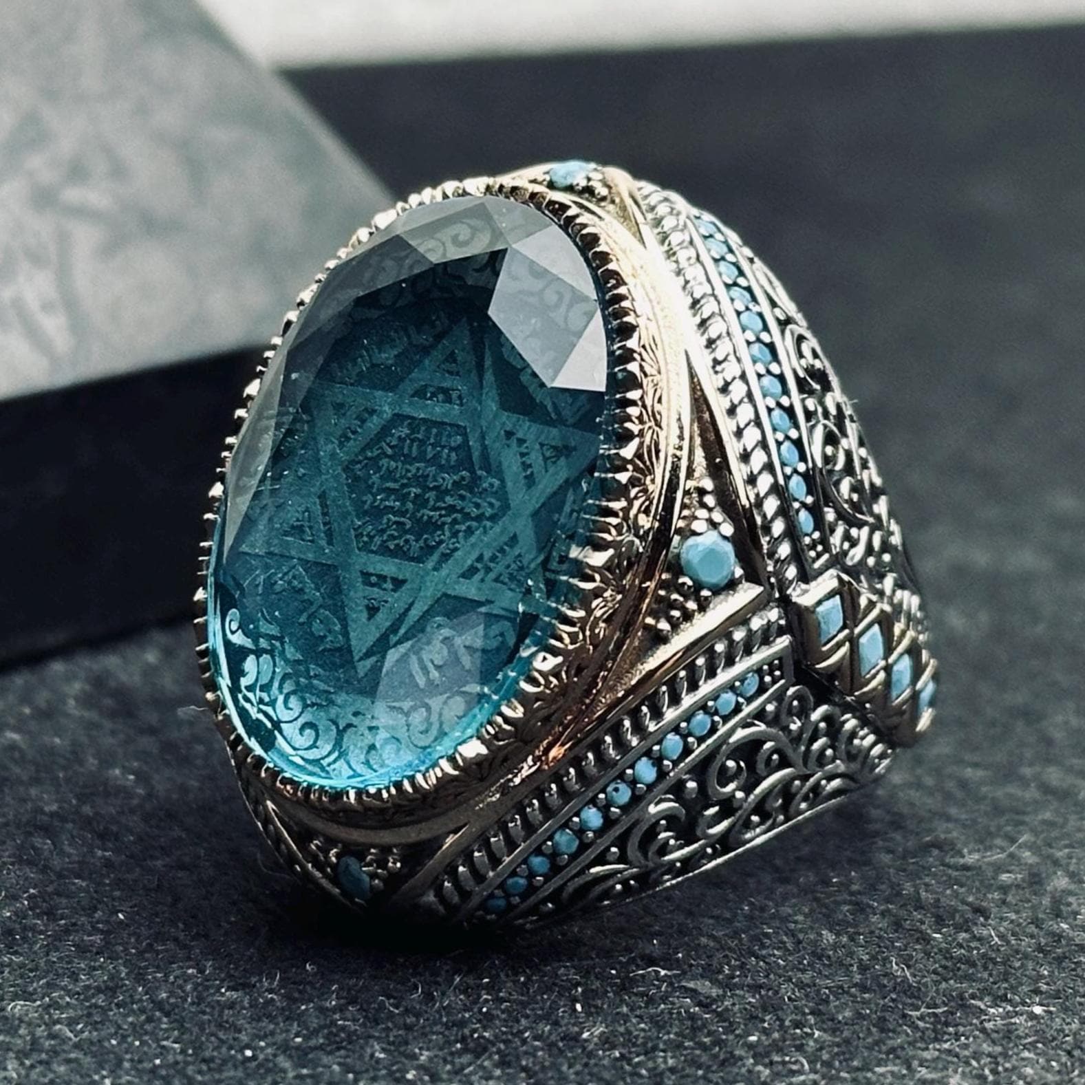 Akuamarin Gümüş Yüzük: El Yapımı Türk Süleyman Mührü Tasarımı