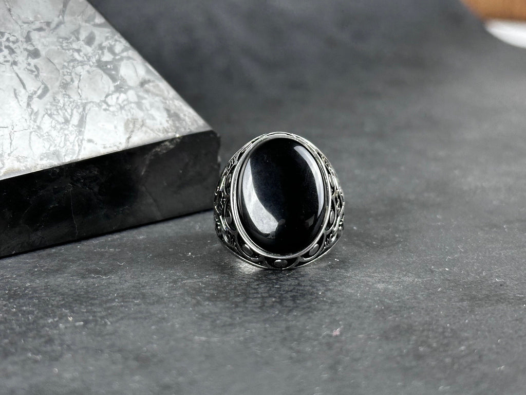 El Yapımı Gümüş Oniks Yüzük, Doğal Kesim Taşlı (Erkek Boyut)