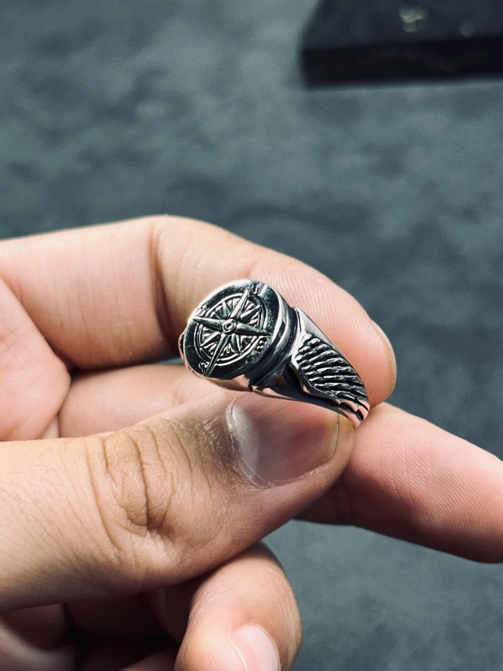 Seyahat Pusulası Yüzük, Som Gümüş, El Yapımı (Erkek Bedenleri)