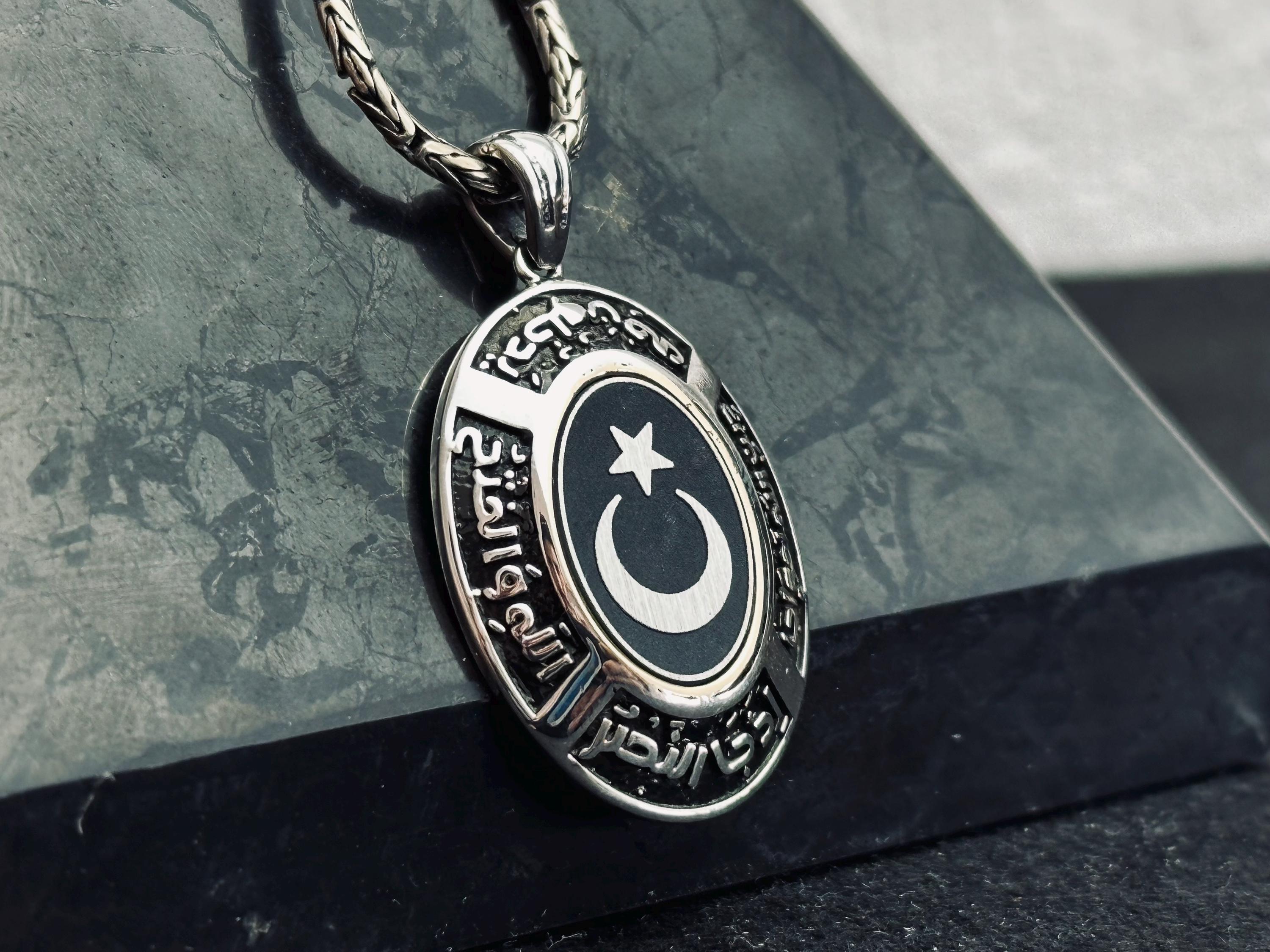 Hilal ve Yıldız Kolye, Sterlin Gümüş Oval Kolye Ucu (El Yapımı)