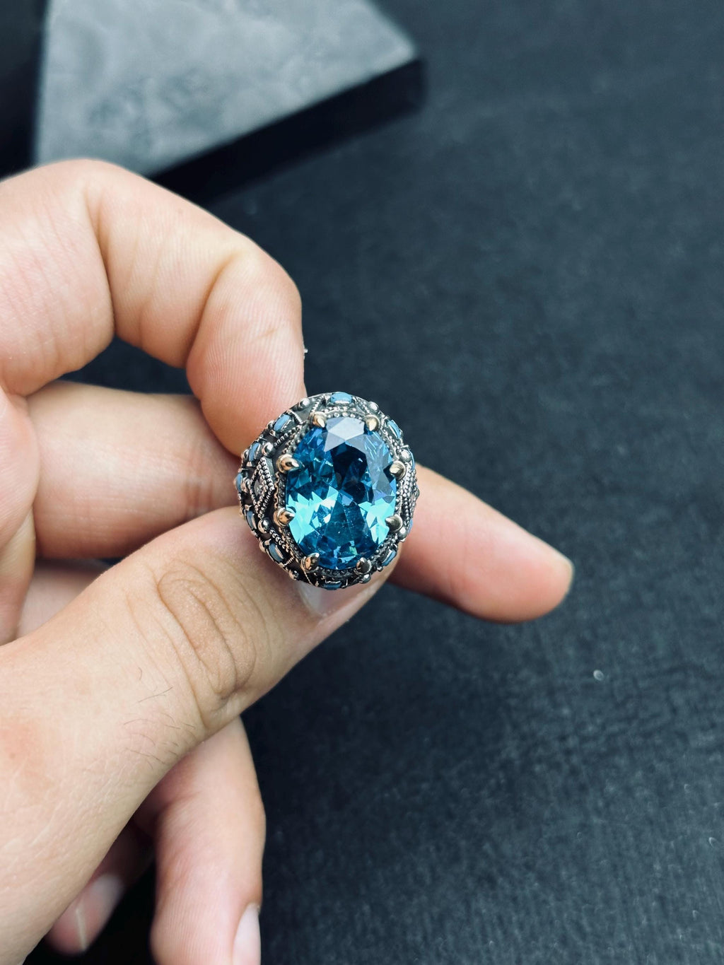 Erkek Akuamarin Yüzük: El Yapımı Türk Gümüşü - Mart Doğum Taşı