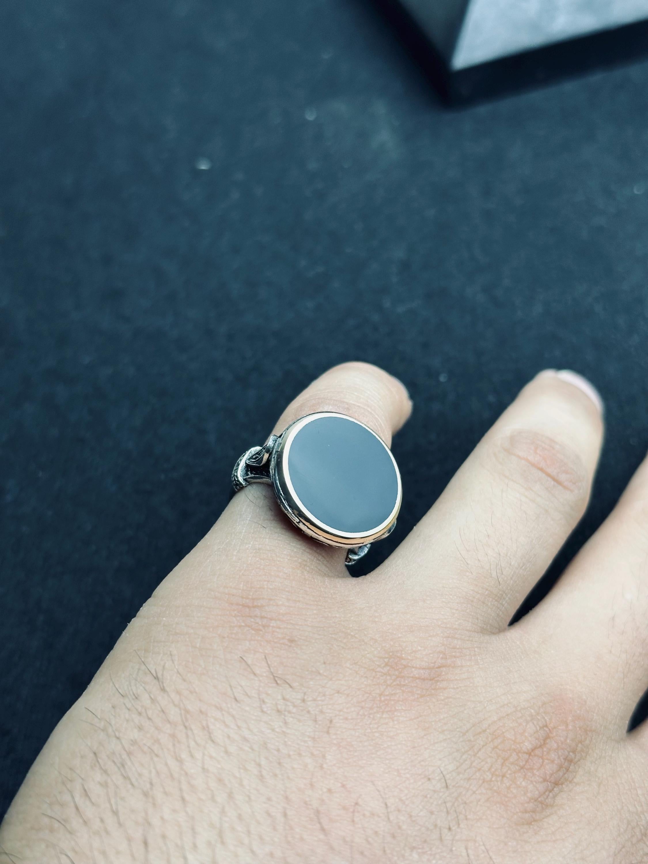 Oval Oniks Mühür Yüzüğü - Vintage El Yapımı 925 Ayar Gümüş