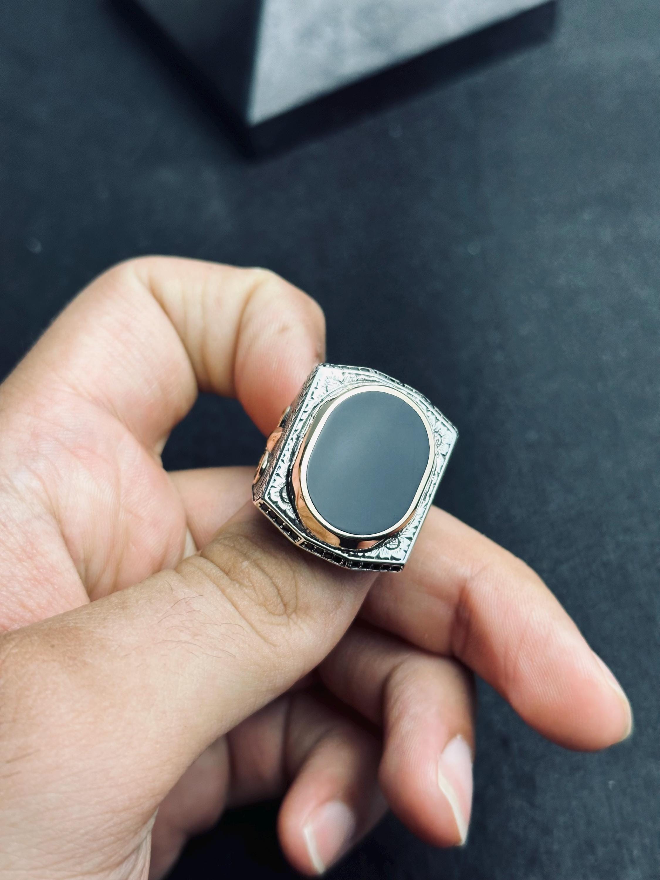 Siyah Oniks Statement Yüzük - Gümüş, Oval, El Yapımı