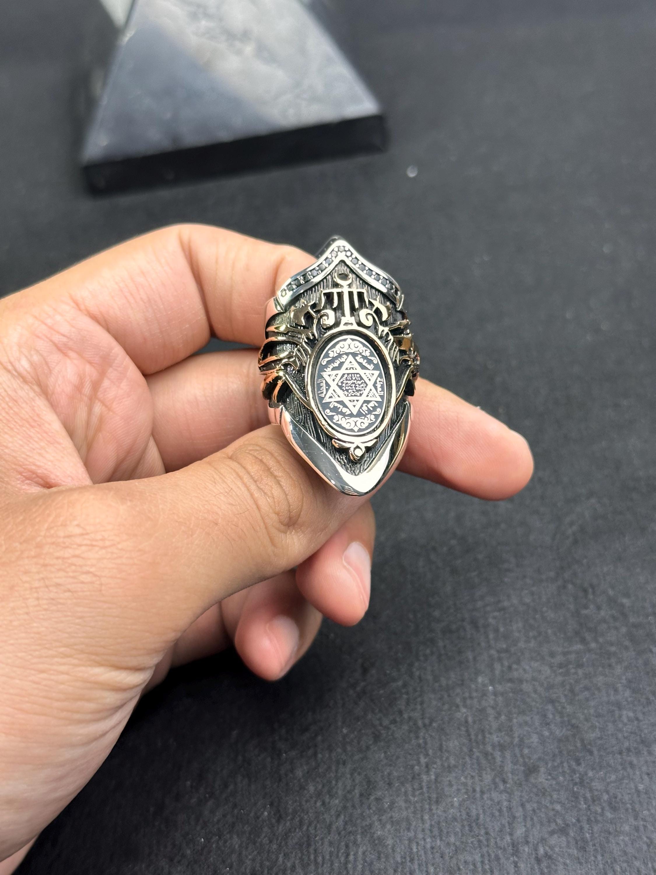 Mührü Süleyman Yüzüğü: El Yapımı 925 Ayar Gümüş Başparmak Yüzüğü