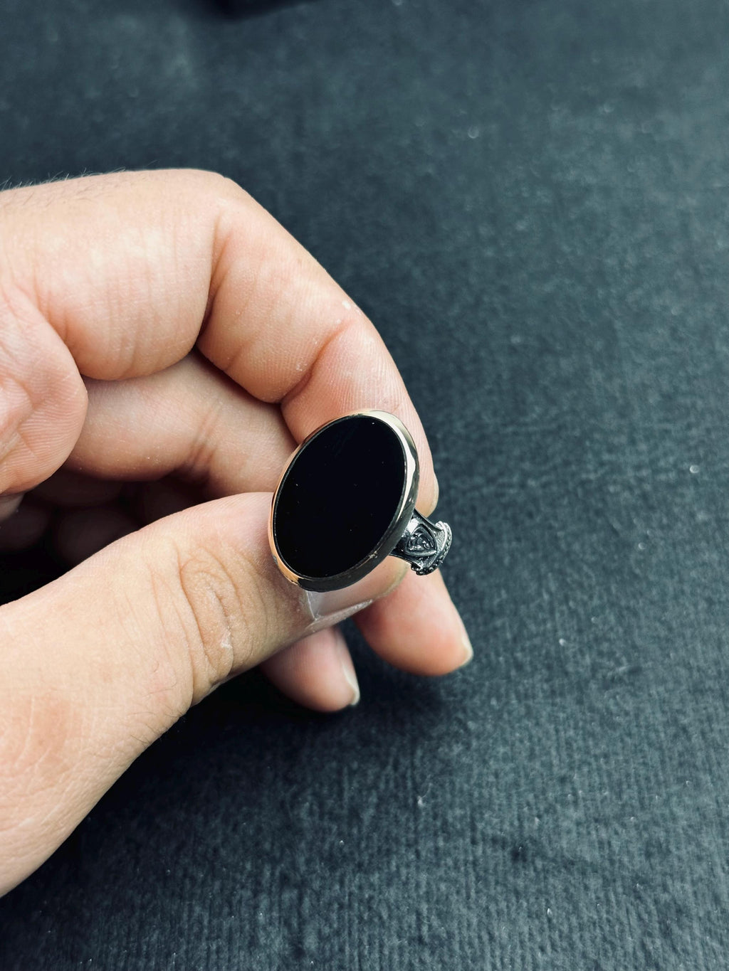 Oval Siyah Oniks Yüzük - El Yapımı Gümüş, Unisex Tarz