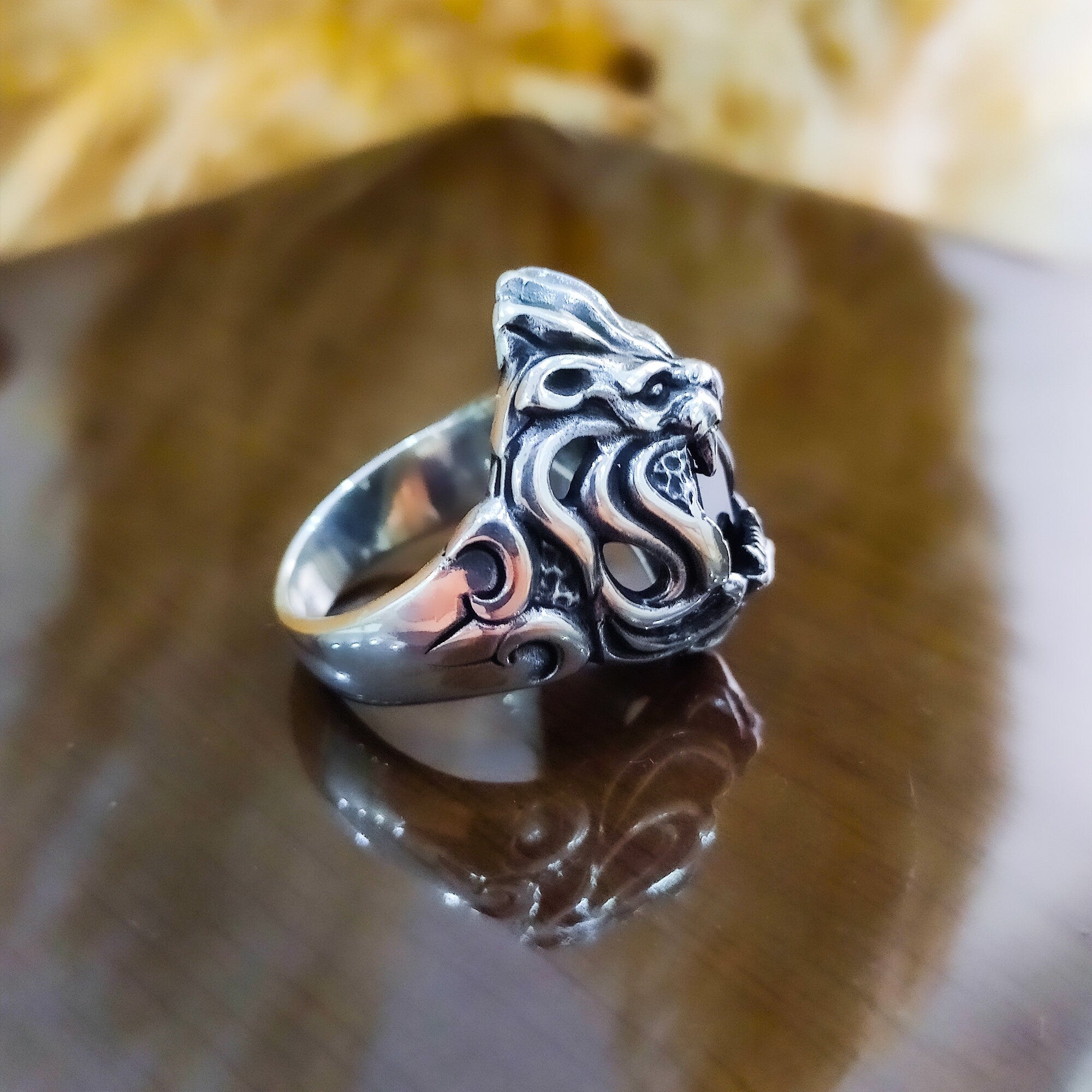 Siyah Zirkon Aslan Başlı Yüzük - Gümüş Erkek Gösterişli