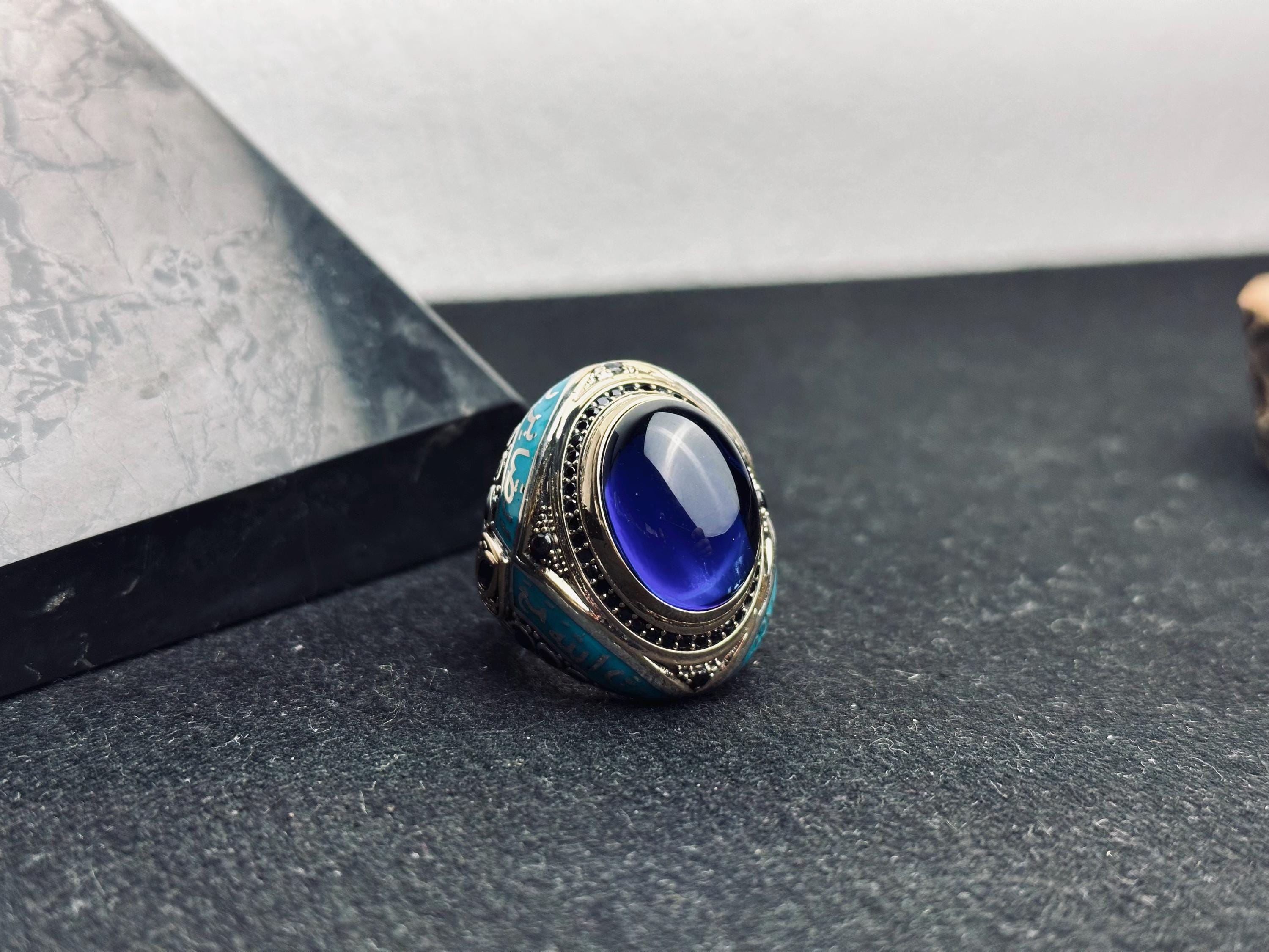İslami Gümüş Yüzük: Mavi Zirkon Oval Taş (El Yapımı Türk Takı)