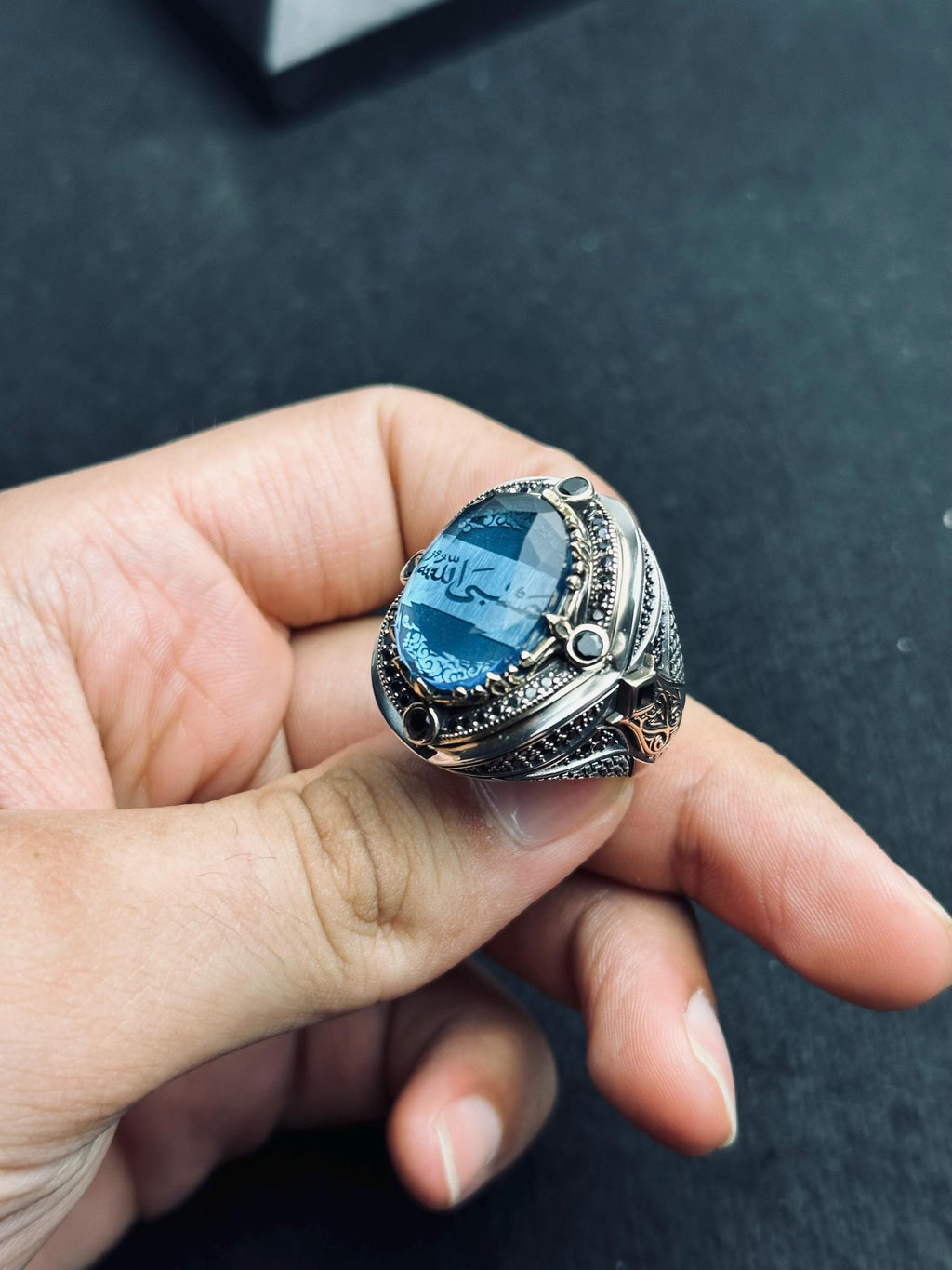 Erkek Gümüş Yüzük: Akuamarin ve Zirkon - Arapça Dua Yazıtlı