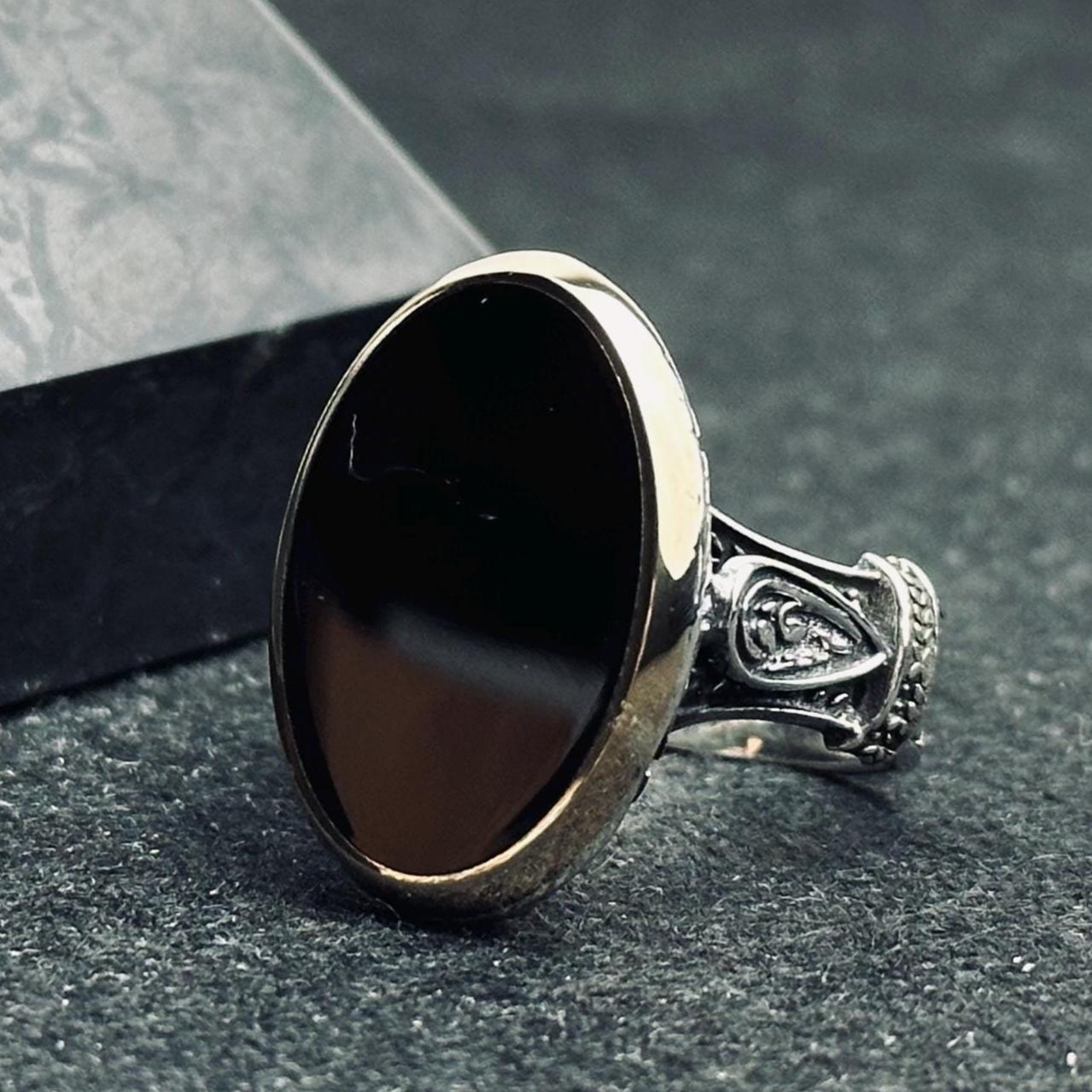 Oval Siyah Oniks Yüzük - El Yapımı Gümüş, Unisex Tarz