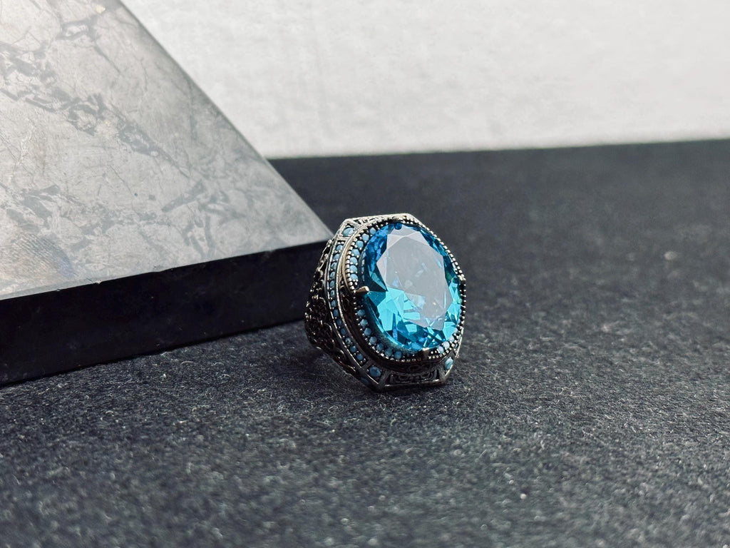 Erkekler için Oval Akuamarin Yüzük - Cesur Vintage Gümüş