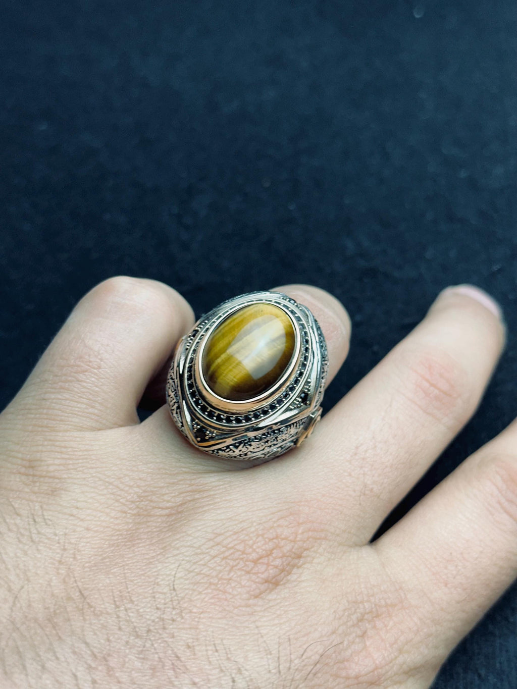 Kaplan Gözü Gümüş Yüzük, Erkek Oval Gösterişli (El Yapımı, Manevi)