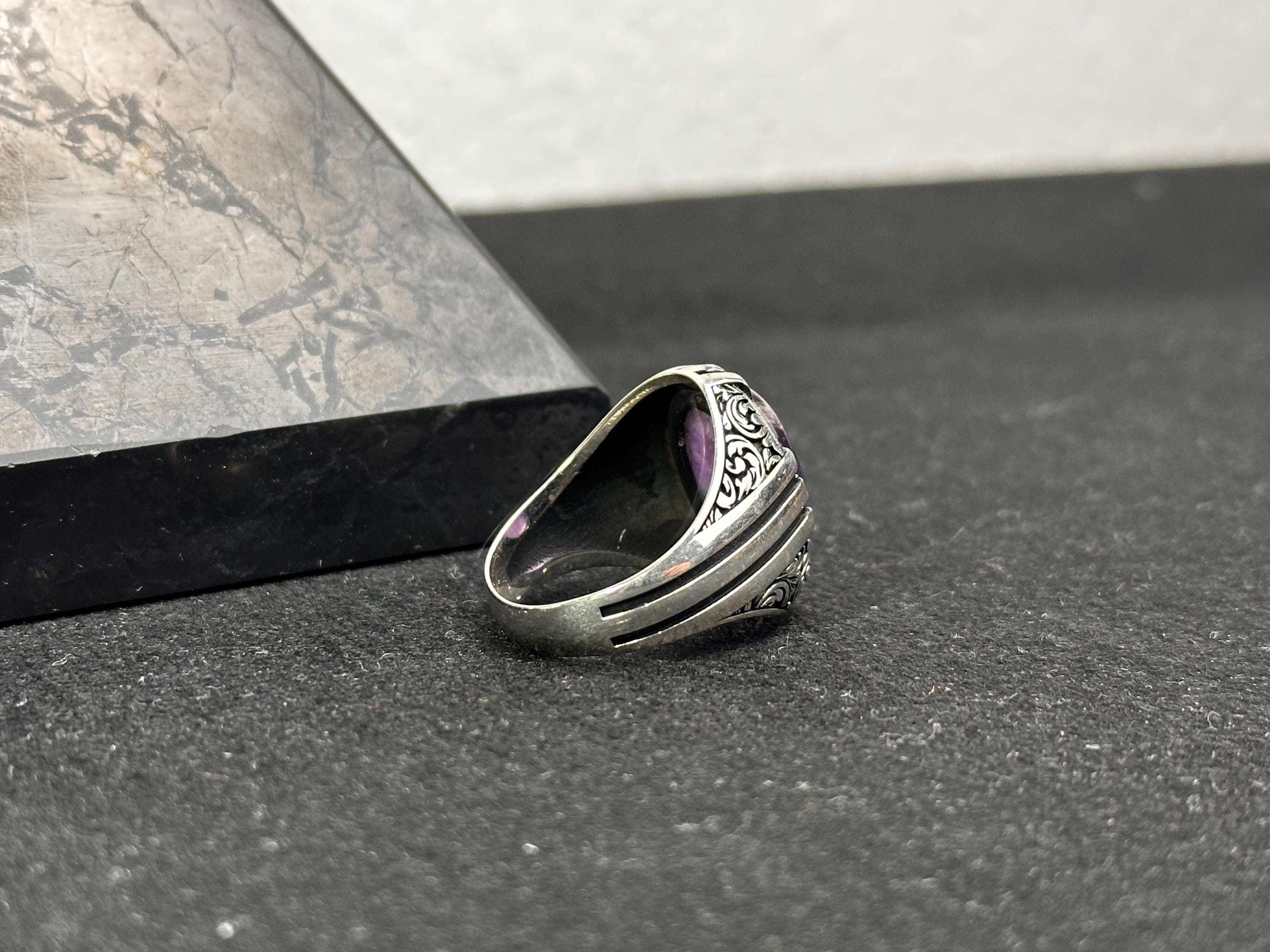 Ametist Değerli Taş Yüzük: El Yapımı Gümüş (Erkek Bedeni)