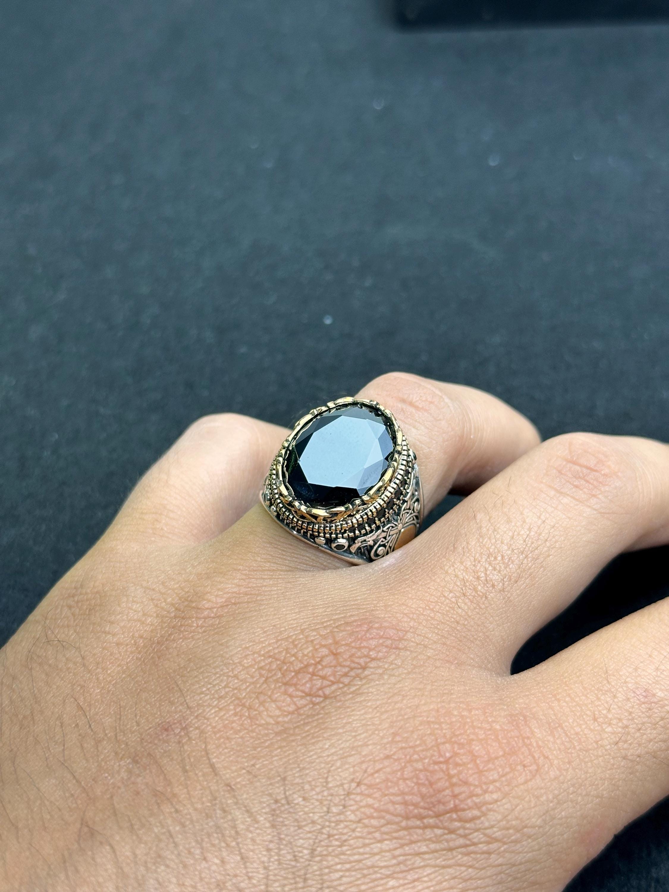 Erkek Siyah Zirkon Yüzük, Oval Gümüş (El Yapımı, Oyma)