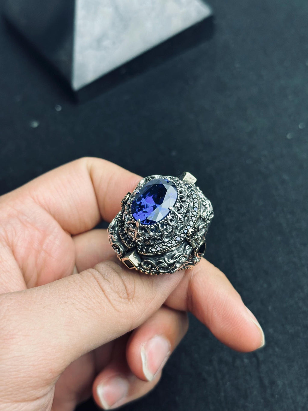 Mavi Safir Yüzük 925 Ayar Gümüş Erkek Yüzüğü El Yapımı Lüks Takı
