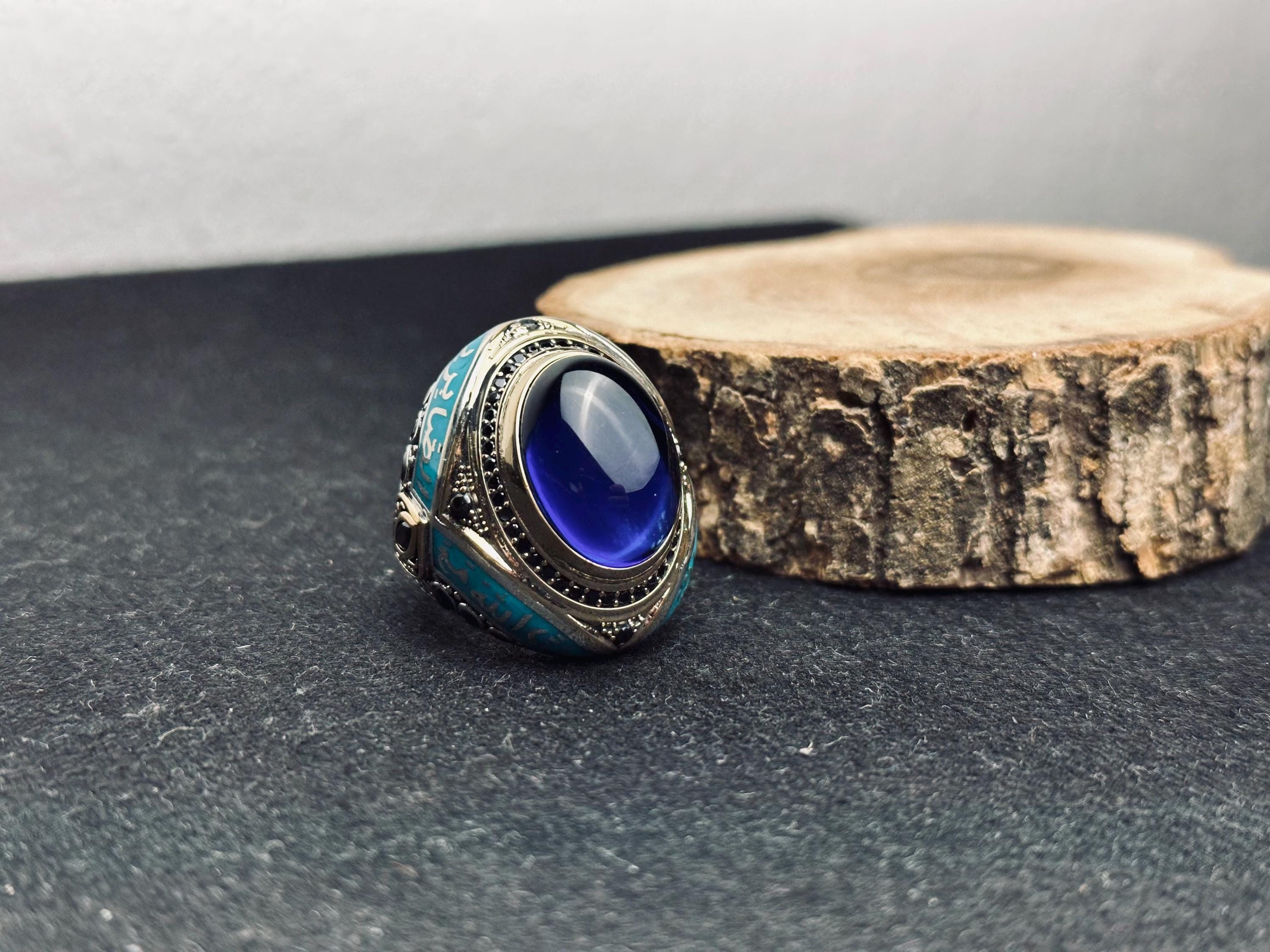 İslami Gümüş Yüzük: Mavi Zirkon Oval Taş (El Yapımı Türk Takı)