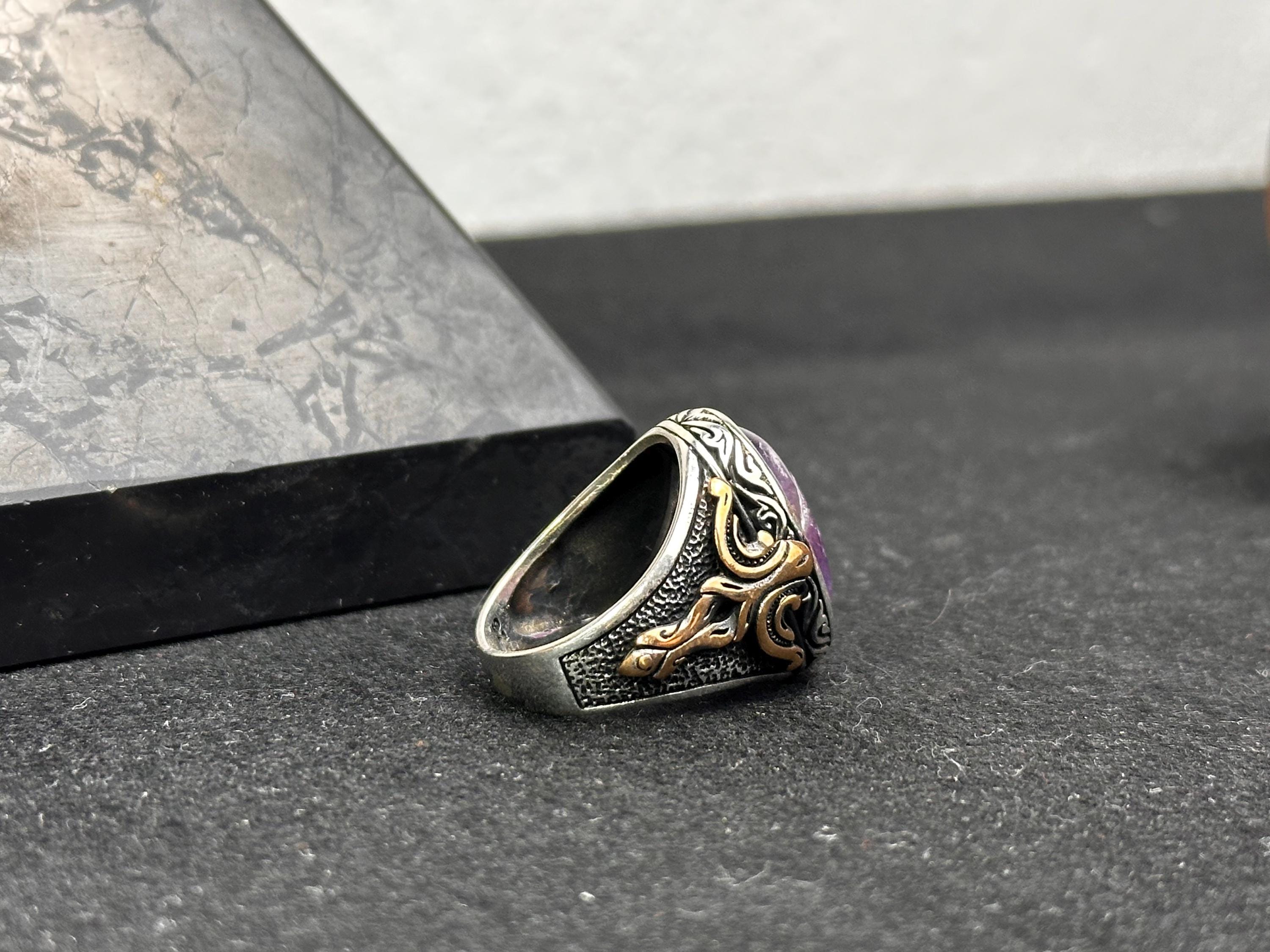 Ametist Gümüş Yüzük - El Yapımı Erkek Değerli Taş Takı